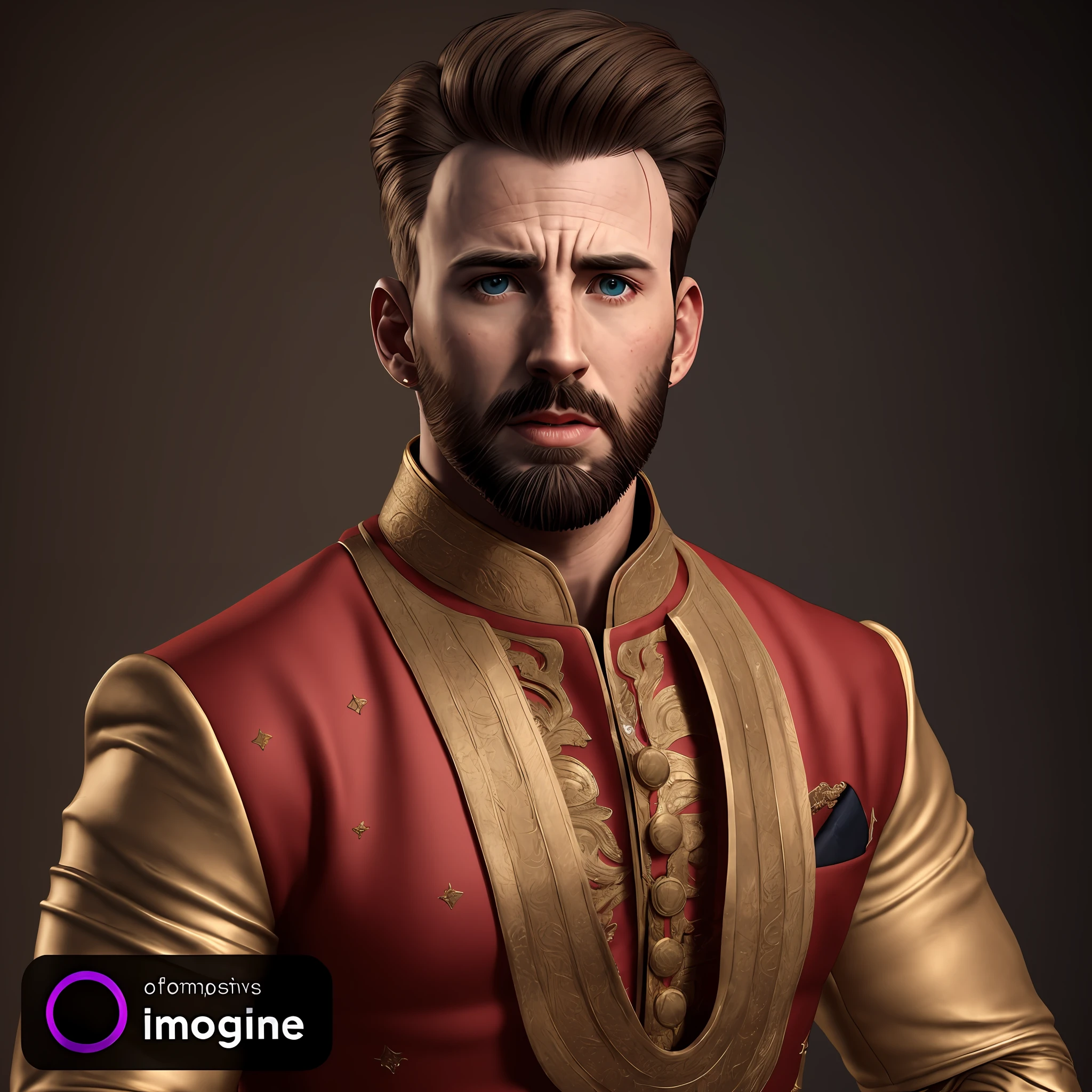 Chris evans with a beard and a red and gold outfit, handsome stunning realistic, cinematic realistic portrait, 8k portrait render, fantasy male portrait, inspired by Saurabh Jethani, highly detailed vfx portrait, 3d character realistic, high detail portrait, high quality portrait, male character, smooth 3d cg render, for hire 3d artist (background indian atmosphere)