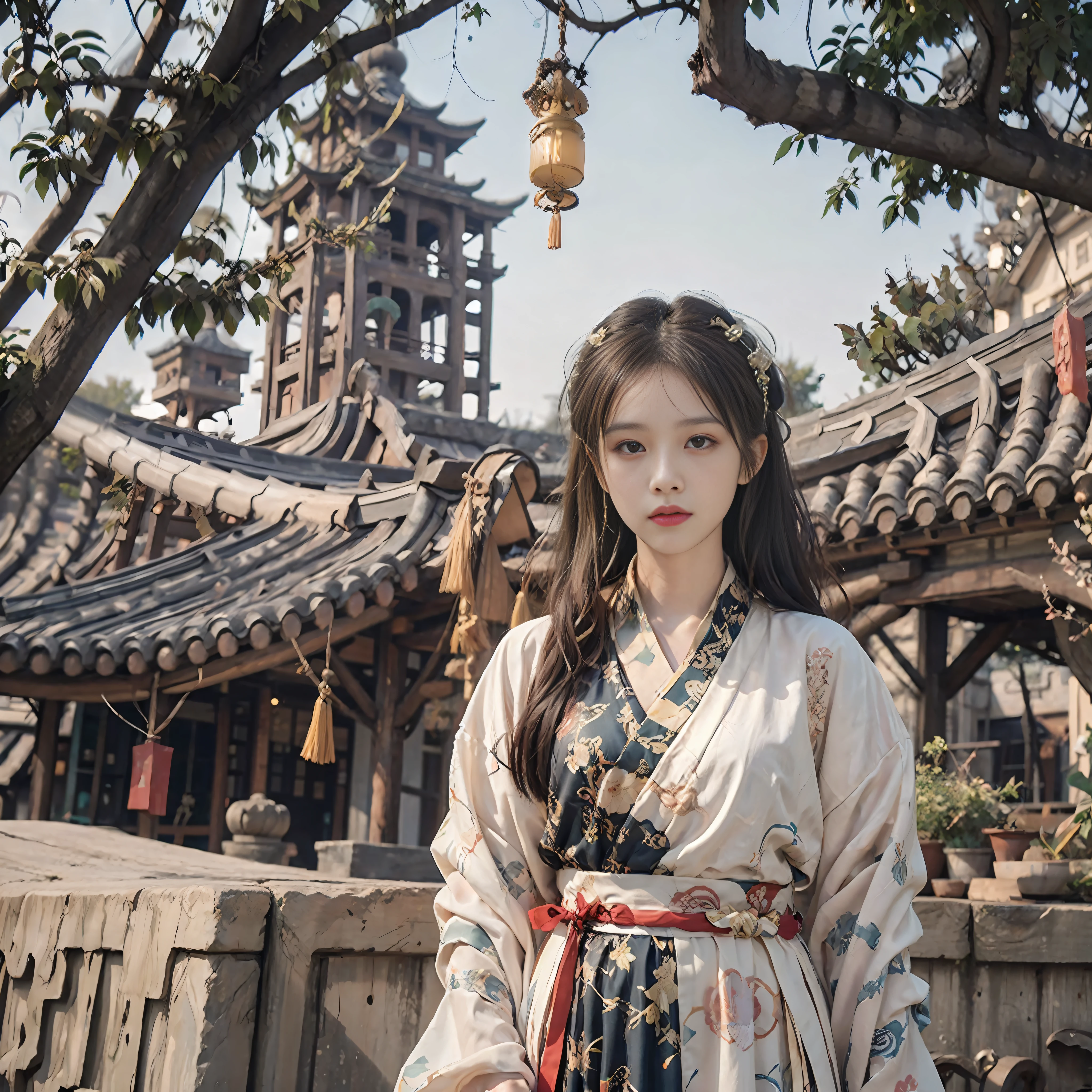 (RAW Photo, Best Quality), (Realistic, Photo Real: 1.3), Best Quality, Ray Tracing, Highly Detailed, Masterpiece, Intricate Detail, Ultra Detailed, 1 Girl, Best Quality, Extremely Detailed CG Unified 8k Wallpaper, Amazing, Movie Lighting, Modern, Ancient Chinese Architecture, Xiuxian, Outdoor, Beautiful Scenery, (Solo: 1.5), Full Body Portrait, Hanfu,
