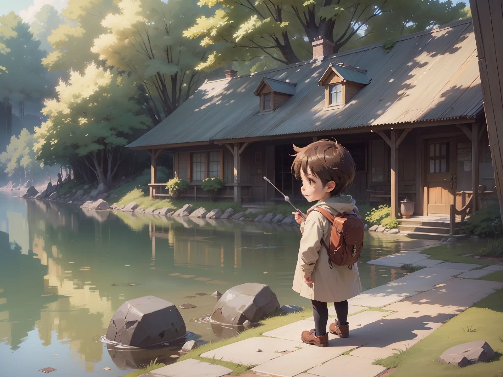 A happy little boy playing with toys by the lake, simple art inspired by studio ghibli's visual style, Baroque oil painting anime key visual full body portrait character concept art,  brutalist grimdark fantasy, kuudere noble dictator, trending pixiv fanbox, rule of thirds golden ratio, by greg rutkowski wlop makoto shinkai takashi takeuchi studio ghibli jamie wyeth