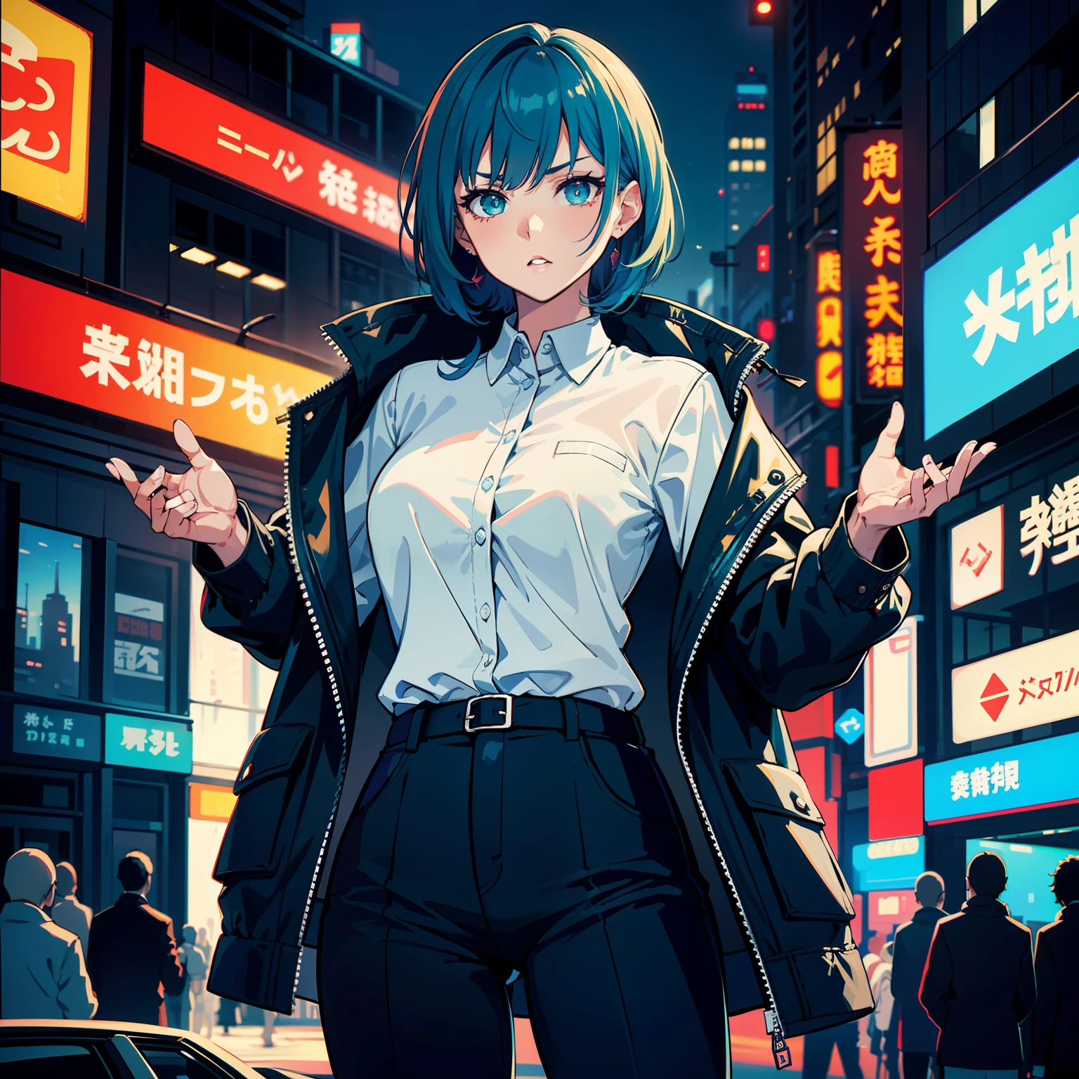 (masterpiece, best quality), ((1girl, (mature)), ((hair fulfilled)) (confident look) (serious gauze) (blonde hair, hair fulfilled, blue hair with blue stirrings), (green eyes, beautiful eyes, sharp eyes )), (simpler background, dark background, city background), (highres, Chromatic aberration), cyberpunk jacket, cyberpunk outfit, small breasts, (big hair), Serious and confident look, ((sexy look)) (sensual, sexy), white shirt emblazoned under jacket, city with Japanese signs