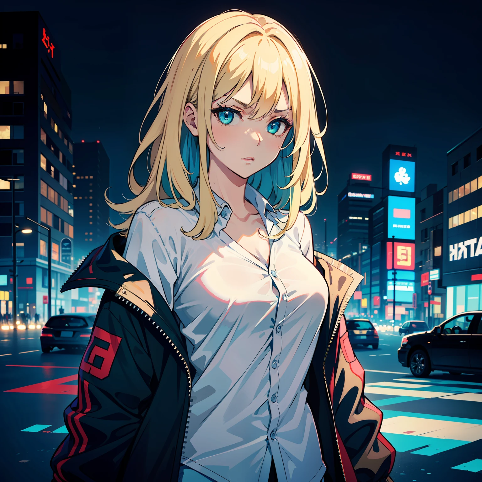 (masterpiece, best quality), ((1girl, (mature)), ((hair fulfilled)) (confident look) (serious gauze) (blonde hair, hair fulfilled, blue hair with blue stirrings), (green eyes, beautiful eyes, sharp eyes )), (simpler background, dark background, city background), (highres, Chromatic aberration), cyberpunk jacket, cyberpunk outfit, small breasts, (big hair), Serious and confident look, ((sexy look)) (sensual, sexy), white shirt emblazoned under jacket, city with Japanese signs