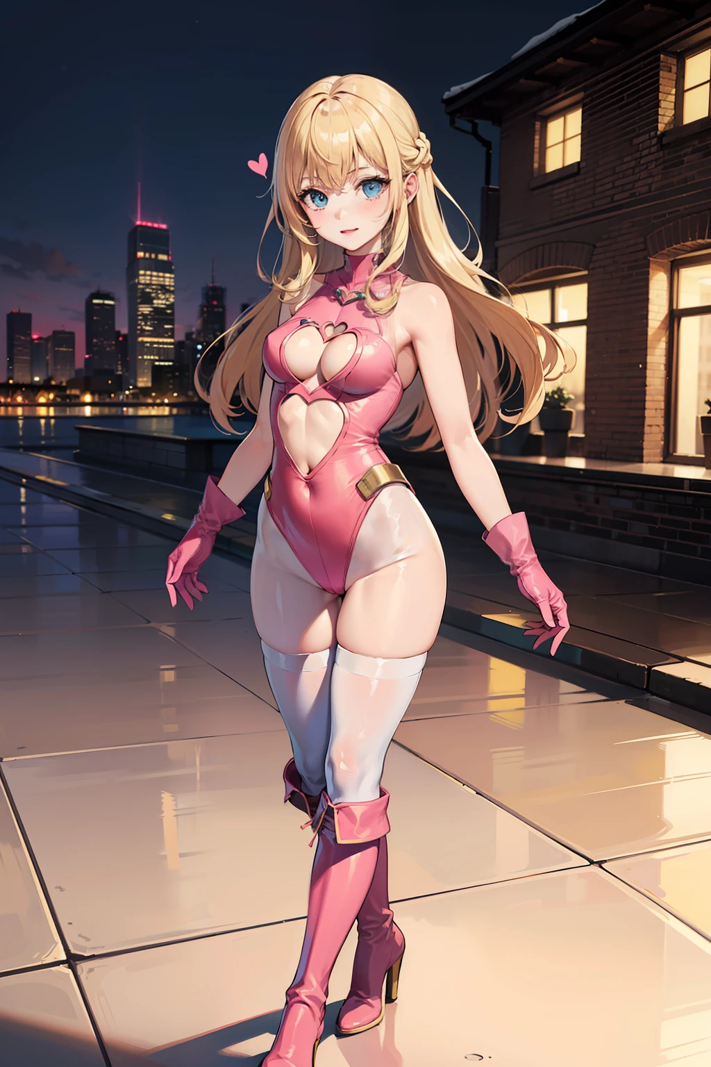 ((masterpiece)), ((best quality)), ((highres)), 1girl, solo, superhero, bare legs, ((matching pink knee boots, matching gloves)), sleeveless, looking at viewer, city backdrop, perfect hands, perfect eyes, perfect legs, perfect arms, perfect fingers, medium breasts, ((pink leotard)), standing, blonde hair, long hair, blue eyes, cute face, hair down, bangs, (cleavage cutout, heart cutout), (white thigh high pantyhose)