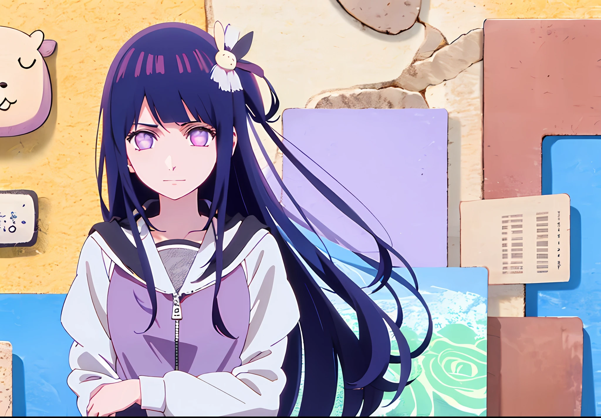 1girl, Hoshino Ai, long hair, dark blue hair ,purple eyes, hair ornament, blunt bangs, hinata hyuga as hoshino ai