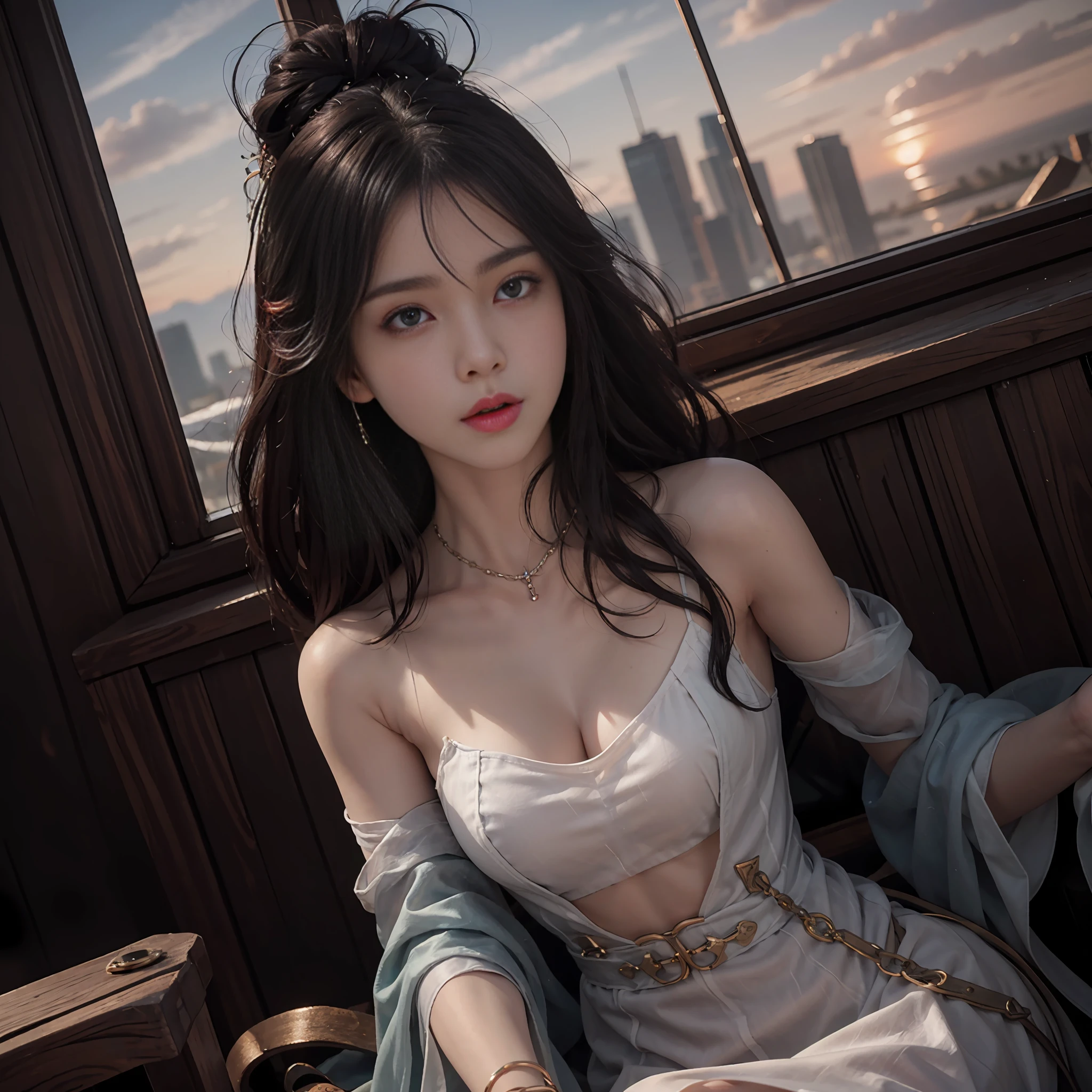 (RAW photo, best picture quality), (realism, realism: 1.3), best picture quality, high detail, masterpiece, hyper detail, illustration, girl, upper body, messy long hair, best picture quality, extremely detailed CG unified 8k, sunset, sunset, head down, slip dress