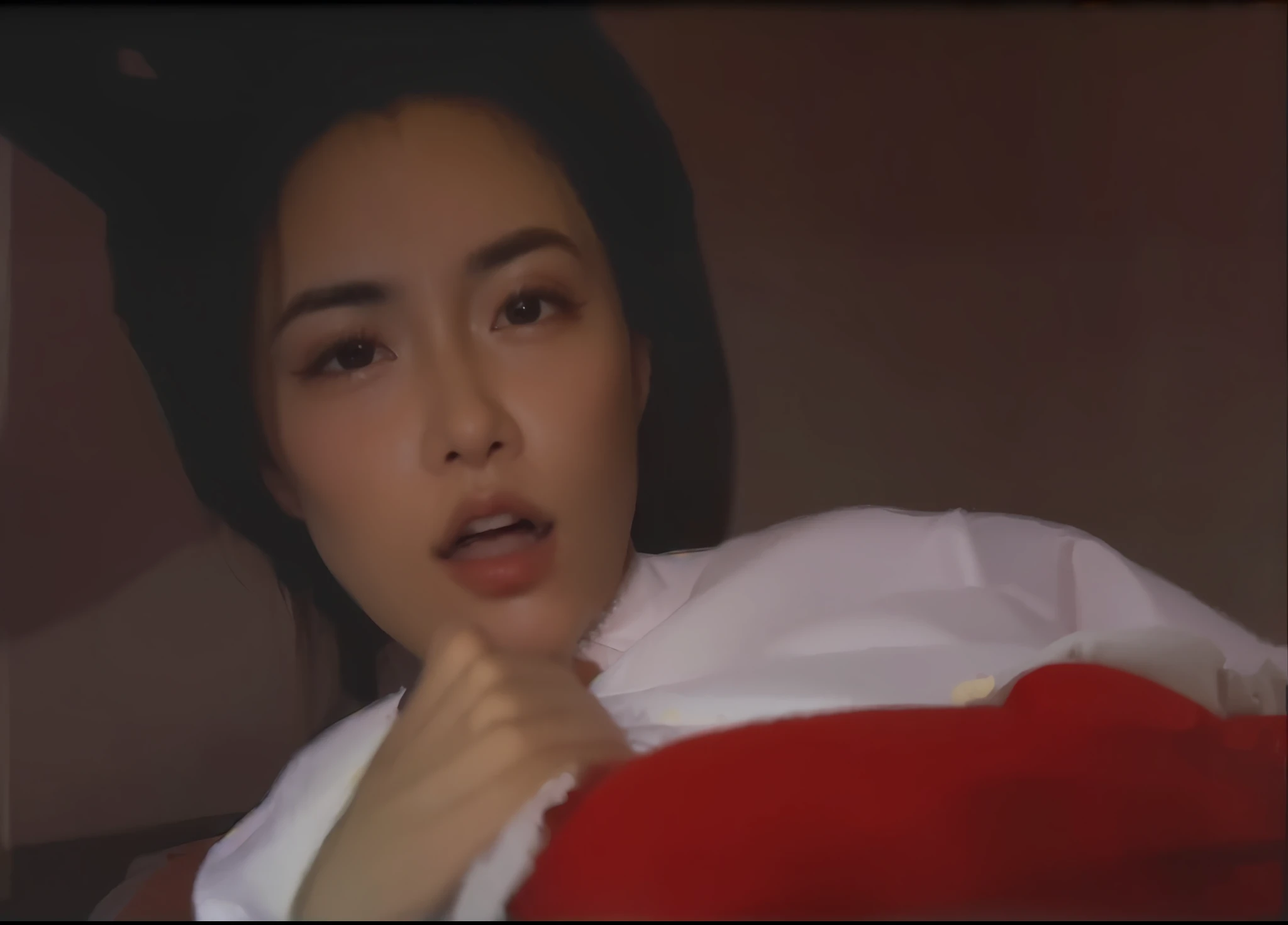 arafed woman in a red and white shirt laying in bed, vhs screencap, movie screencap, 1 9 8 6 movie screenshot, screenshot from the 1983 film, throbbing, movie screenshot, screenshot from a movie, movie screen shot, movie still of a tired, in this ominous scene, still image, sandra, photo still, film shot
