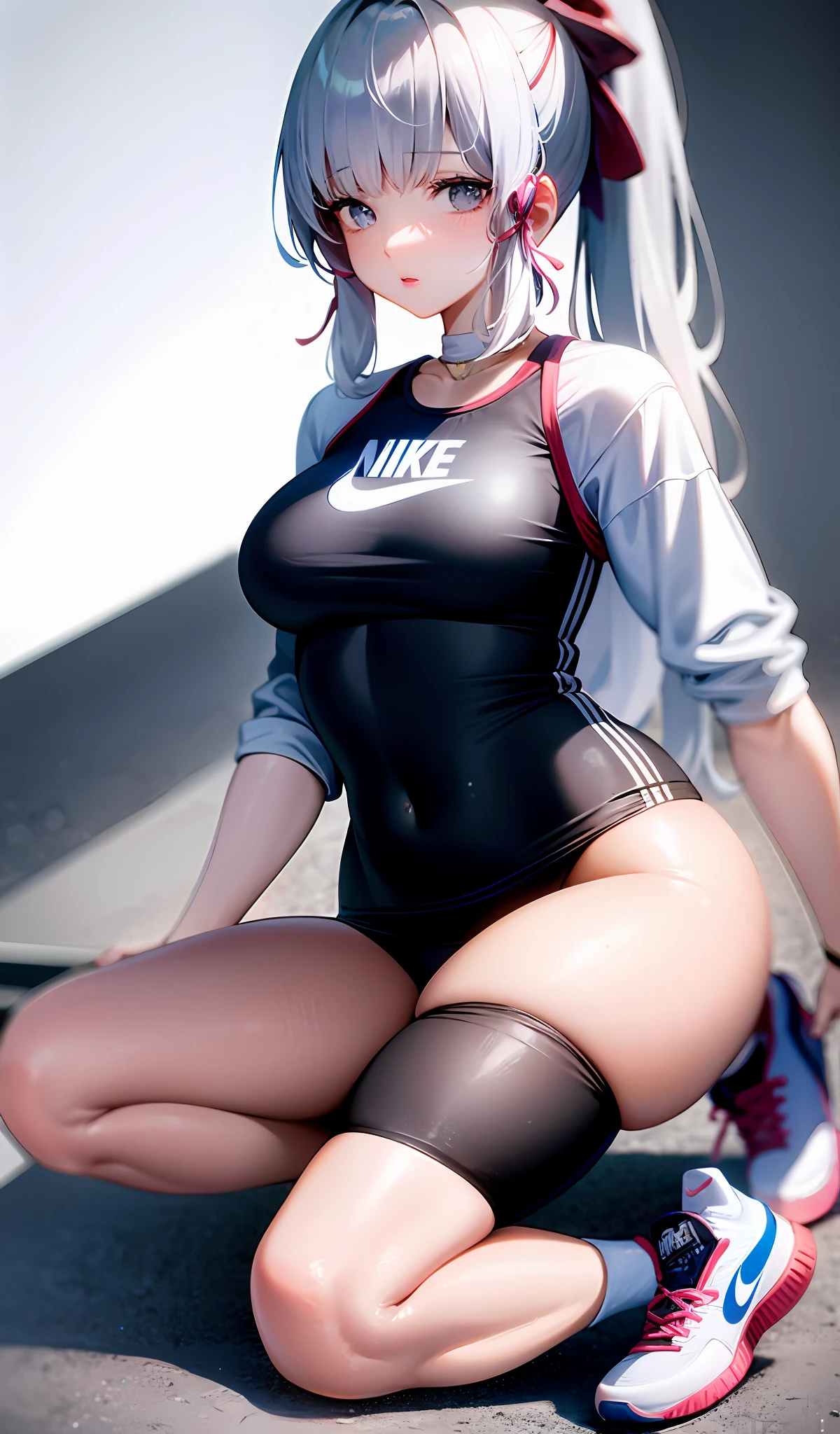 4k, realistic, very detail, there is a girl in the basket ball field, she is a basket ball player, sport theme, soft clothes, long hair, wearing legging, 25 years old, full body, wearing nike shoes