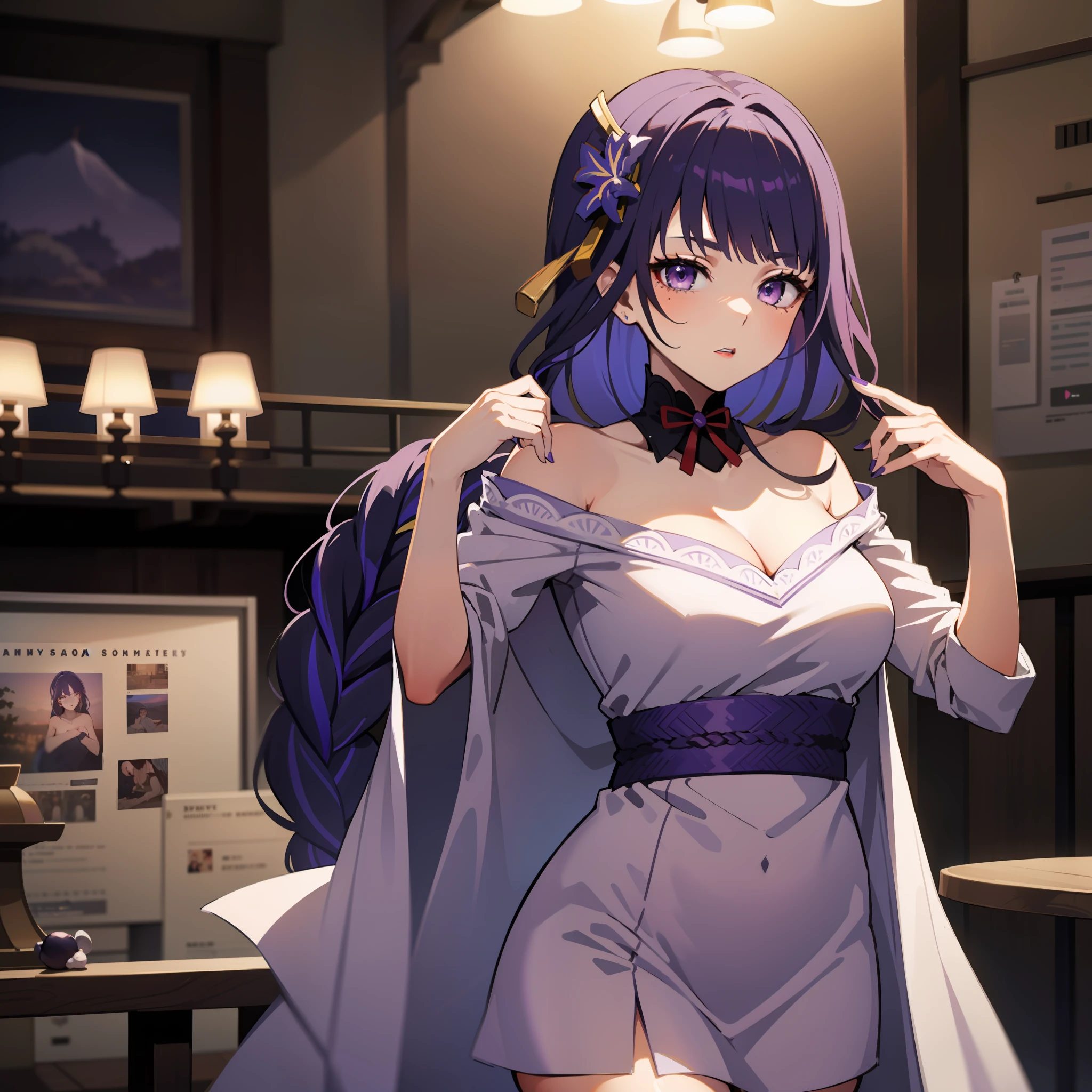 (Masterpiece, Best Quality), Female, Raiden Ei, Purple Hair, Purple Eyes, Kind, Considerate, Shy, Funny, Love myself, Faithful, Wearing a purplish white dress