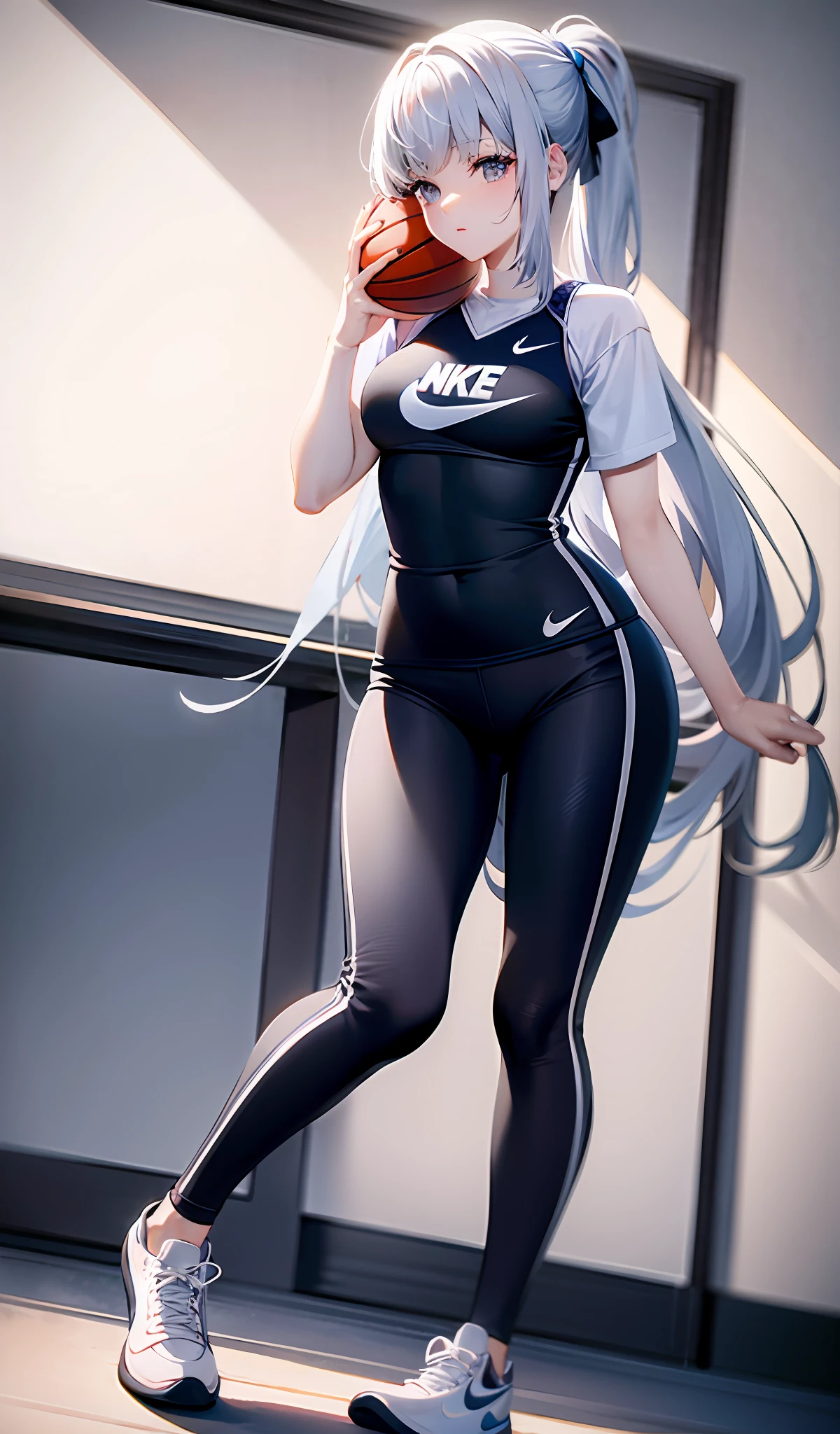 4k, realistic, very detail, there is a girl in the basket ball field, she is a basket ball player, sport theme, soft clothes, long hair, wearing legging, 25 years old, full body, wearing nike shoes