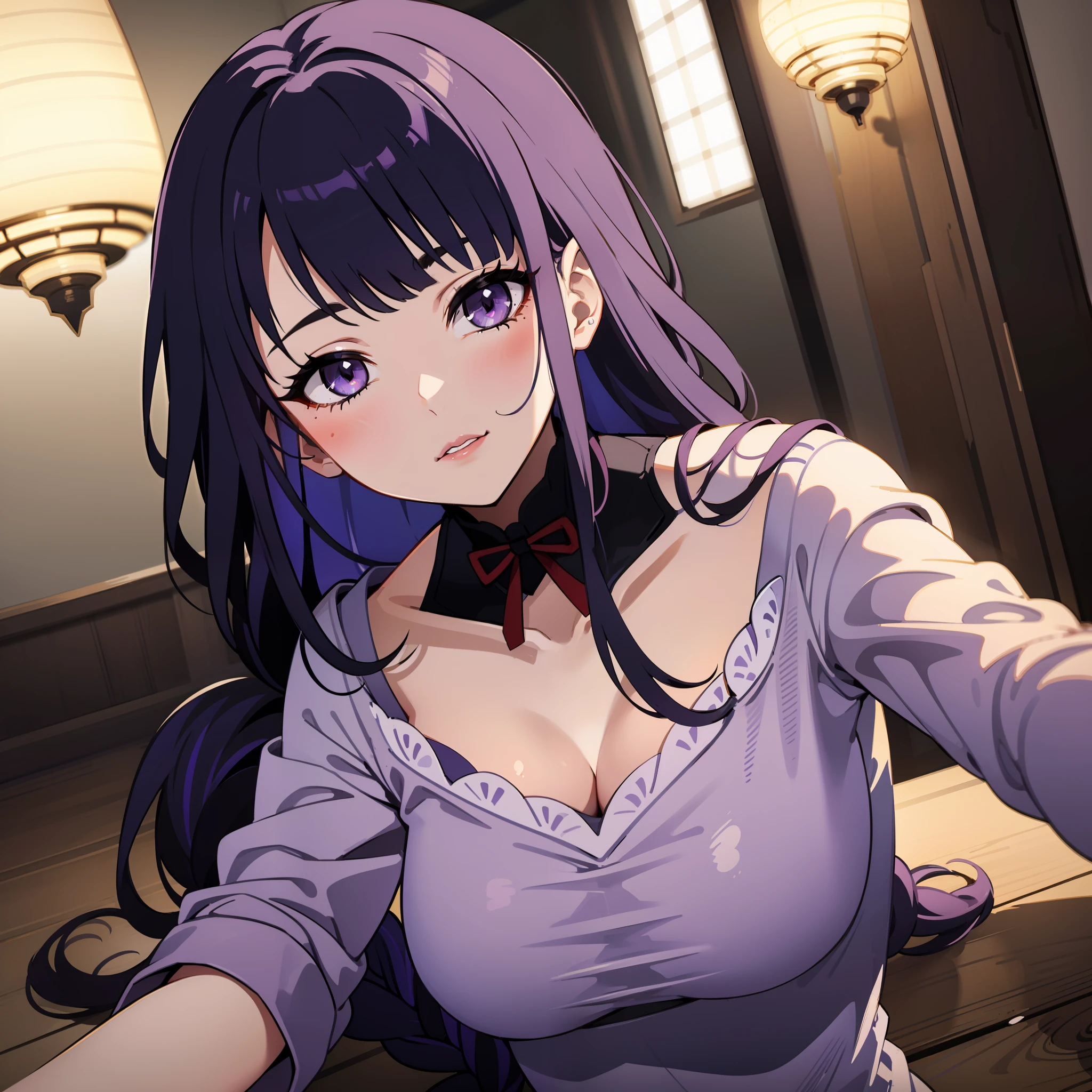 (Masterpiece, Best Quality), Female, Raiden Ei, Purple Hair, Purple Eyes, Kind, Considerate, Shy, Funny, Love myself, Faithful, Wearing a purplish white dress