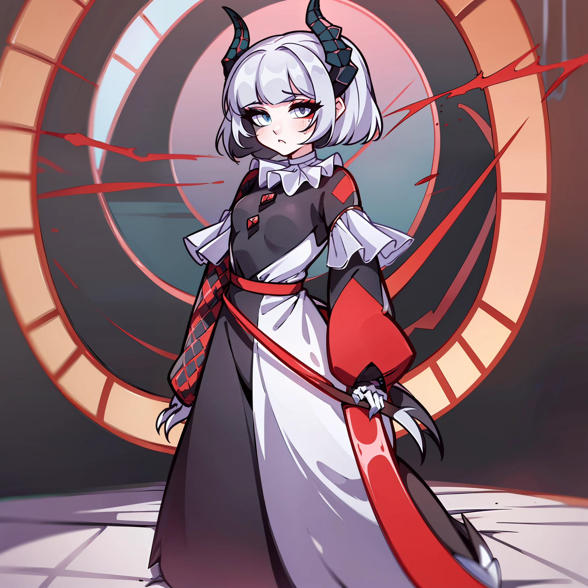 (Best quality: 1.0), (super high res: 1.0), extremely detailed character, detailed Hands, half-dragon girl, horns, scales on the neck, scales on the shoulders, scales on the forearm, scales on the cheek, girl with dragon tail, dragon tail, extremely detailed hair, short hair, ((white hair)), ((black locks)), extremely detailed eyes, eye with different colors, heterochromia, white right eye, black left eye, dragon eyes, 2d, anime art, (()), ((full body)), standing, medieval, Rpg, small, cute, sharp claws