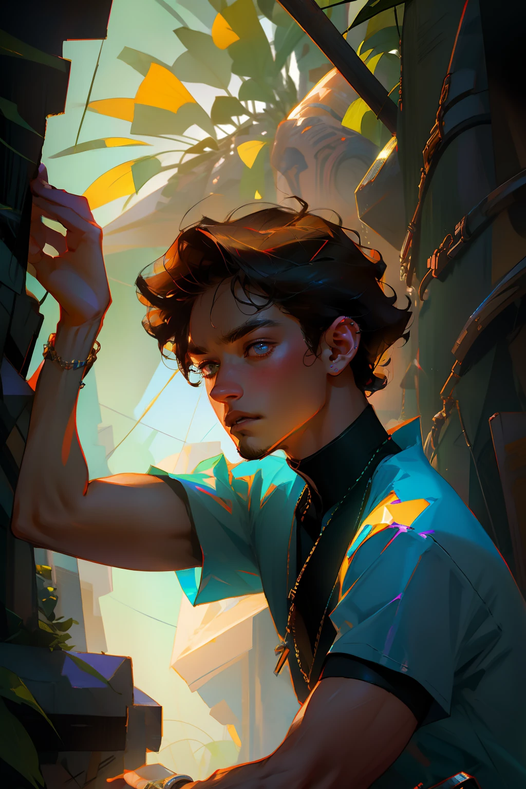 Muscle shirt, bright, refreshing, handsome man, curly hair, solarpunk, tropical cyberpunk