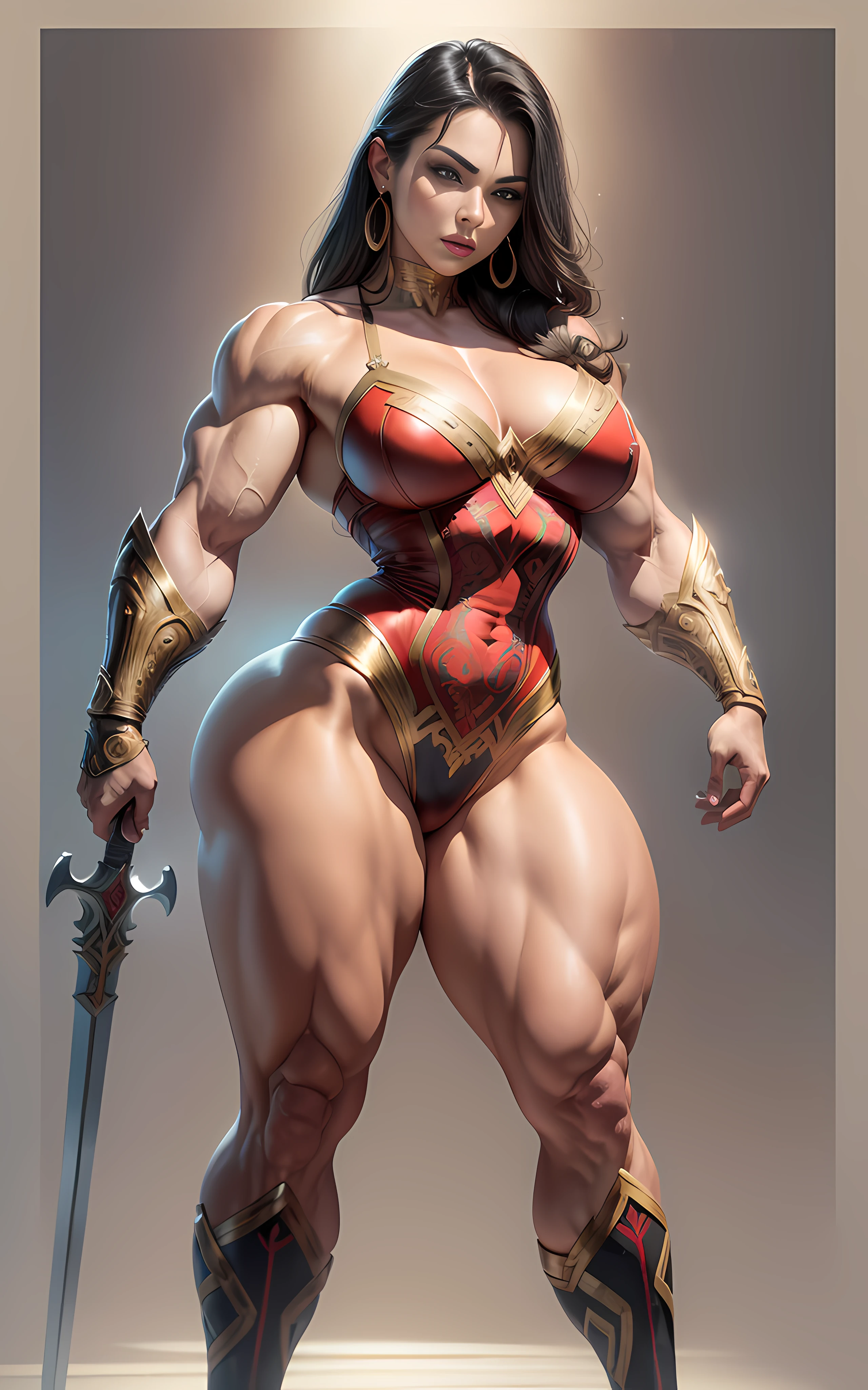 Very beautiful Nordic blonde woman bodybuilder dressed as Wonder Woman flexing quadriceps, (Sexy Wonder Woman outfit: 3.5), full body centered using 2/3 image width, full head, ((highest quality)), ((Masterpiece)), (detail), background ultra muscular women training with swords, (high resolution: 3), (((intricate details, makeup), (beautiful face, perfectly proportioned face), (very large breasts: 4), high detail skin, thick skin, big and very muscular bald, big and very muscular pectorals, better proportions, friendly look, lips, makeup, massive and marked muscles, sexy, elastic (muscles: 3), ((strong and healthy body)), ((more) muscles)), black hair, white skin, barefoot, long legs, curves, very thick and very muscular thighs, wide and large muscular buttocks, thick muscular legs, showing buttocks, thin waist, soft waist, (detailed skin), (shiny skin), (beautiful and sexy woman), (swollen lips: 0.9), (eyelashes: 1.2), very strong muscle size and large veins), wide and muscular shoulders, big trapezius muscles, very detailed, very curvy legs, full arm, (iPhone 16k wallpaper), high detail, sharp focus, cinematic, ,