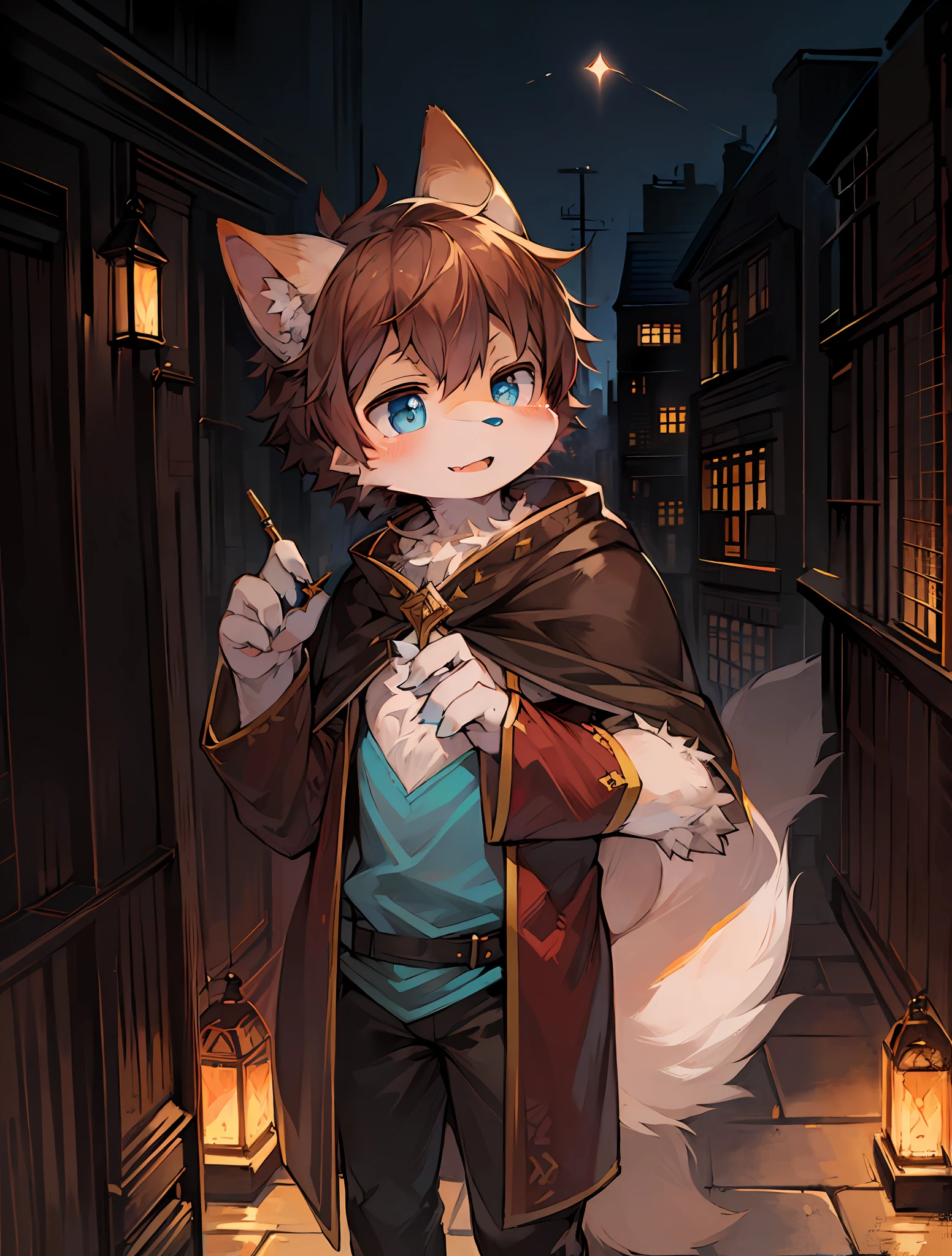 (Dark Environment: 0.8), Masterpiece, High Quality, Abstract Res, Digital Painting\(artwork\), by Dagasi, Yupa, Kiyosan, (Anthro, Fluffy Fur, Character Focus: 1.1), Anthro Male Cat, Short Hair, Portrait , bright eyes, panorama, character focus. (Detailed background: 0.7), Solo, Furry, Furry Male, Male Focus, Anthr, (Full body fur, Fluffy tail, White fur, Blue eyes, Brown hair: 1.2), (Canids, Integrity, Magician, Cloak: 1.2), (Exterior, Daytime, Building, Wand: 1.1)