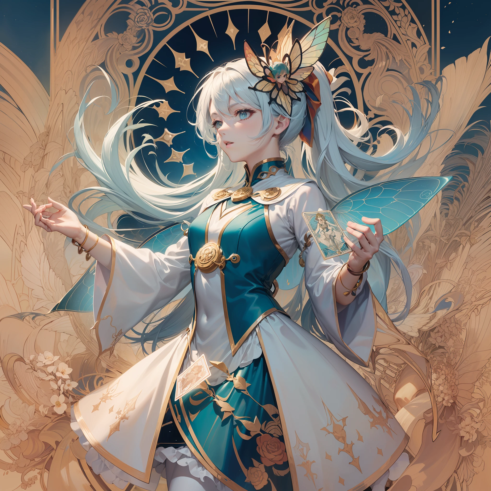 (Golden Ratio: 1.2),(Rose Doodle: 1.2),(Fault Color:1.3),[(White:1.4)::10],(Full-body:1.2),(Ultra Detail:1.3),(Tarot:1.6),(Tarot:1.6)(Magician:Tarot:1.6)(Paper:1.2)(Fairy:1.6),(Fairy Wings:1.2),Whole body, standing in the air(Cool:1.2),(Ponytail hair),(Butterfly hair ornament),( Floral Hair Ornament: 1.0),((Mucha,Rocket)),(Colorful Cocktail Long Dress:1.0)+ (Loose Sleeve Coat: 1.3)+(Floating Colorful Tassel and Ribbon: 1.2),(White Stockings: 1.2),(Sea of Colorful Flowers: 1.3),(Chaotic geometric image: 1.3),(Negative space: 0.8),(Drawing board: 1.3), (Ether Colorful Ink Flow: 1.3)