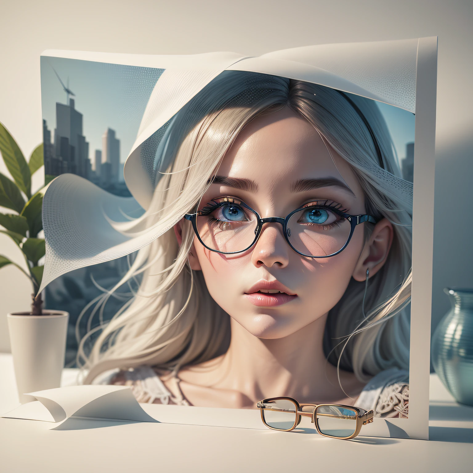 (Ultra realistic), (Illustration), (Increased resolution), (8K), (Extremely detailed), (Best illustration), (Beautiful and detailed eyes), (Best quality), (Ultra detailed), (Masterpiece), ( wallpaper) Glasses shop illustration and frames as landscape, three-dimensional paper cutting, paper sculpture, simple composition, minimalism, 4K, stereoscopic 3D rendering, white background