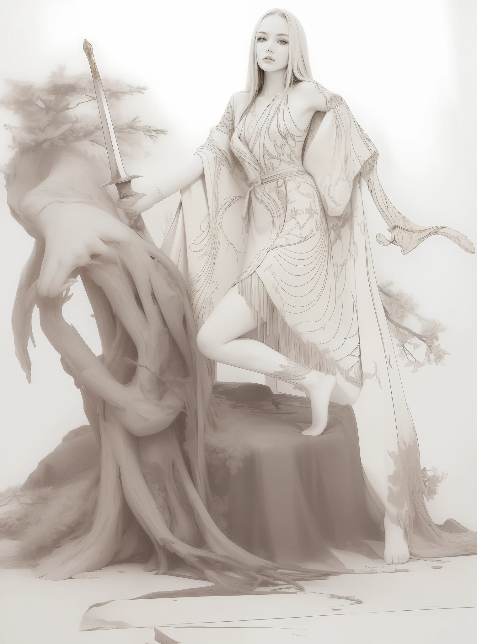 Beautiful woman holding a sword by a dead tree, figure sign, anatomically correct, ccurate, white skin, red clothes, white skull on the ground, pointed peaks in the background, layers of strange mountains, bright and natural, cool colors. Photographic effect, best quality, masterpiece, super high resolution, (realistic:1.4), original photo, 1girl, ((black lace dressing gown)), ((small breast)), cold light