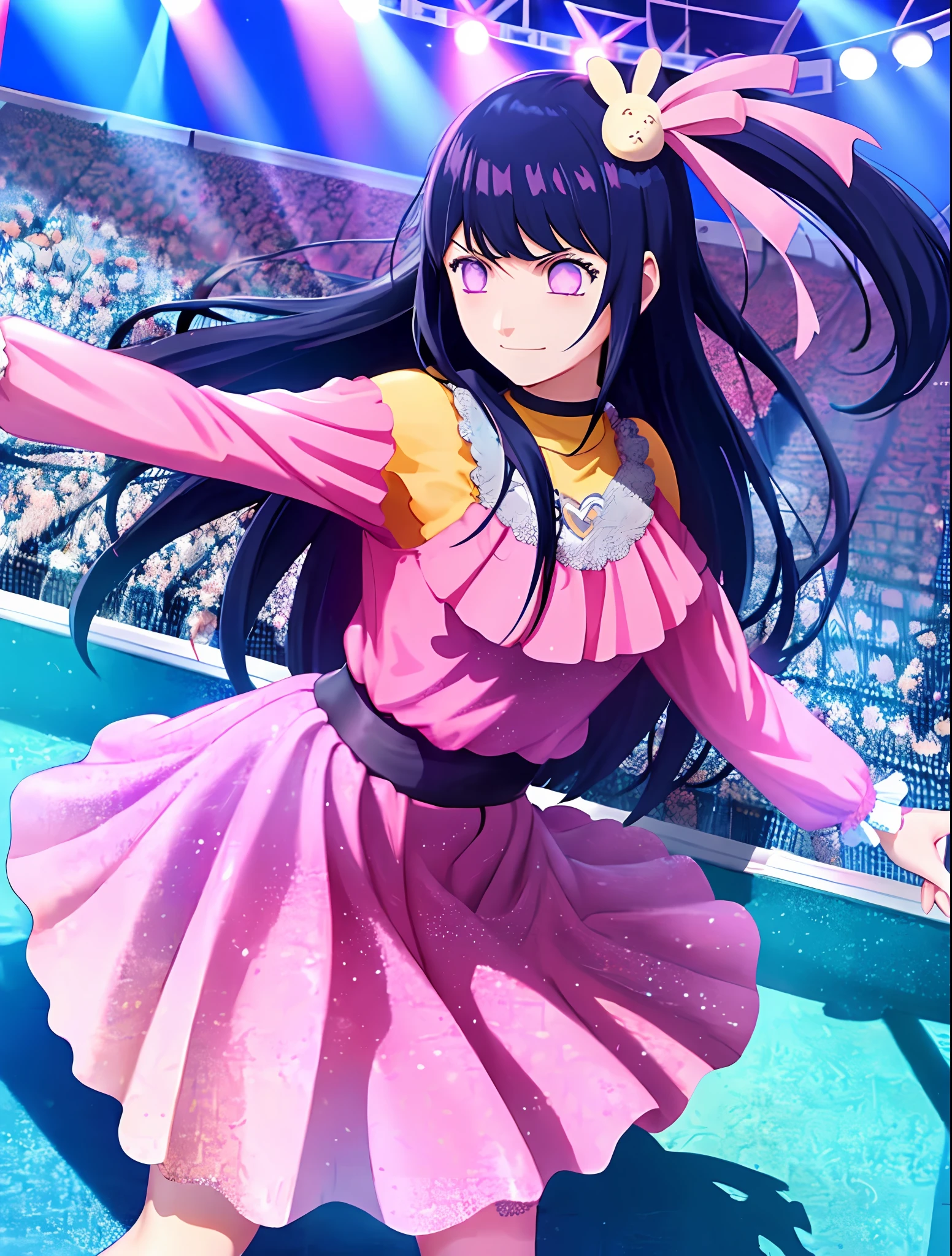 1girl, Hoshino Ai, long hair, dark blue hair ,purple eyes, hair ornament, blunt bangs, hinata hyuga as hoshino ai, sad smile, standing (pink idol clothes:1.3), concert hall, live concert
