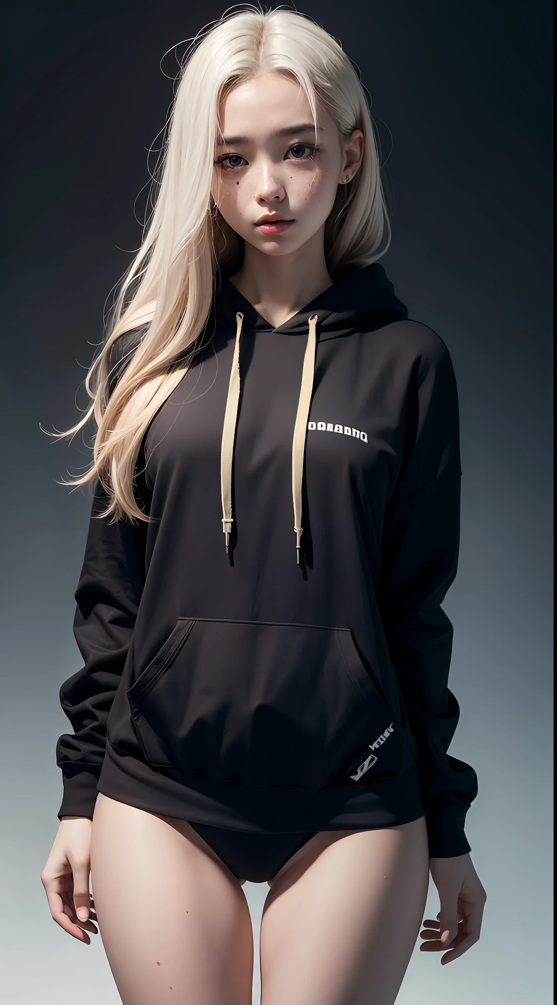raw photo, intricate details, textured skin, dynamic pose, pale skin, long hair, freckles all over body, oversized hoodie, (wide thigh gap:1.2), gradient background, best quality, 16k, masterpiece