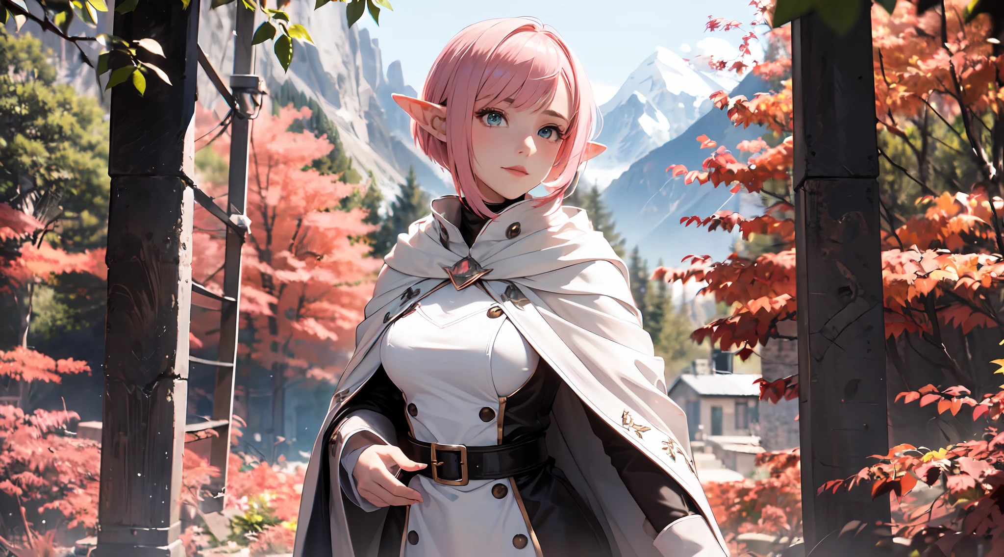 "(Ultra High Quality),(Ultra High Definition),(Superb Masterpiece),(Elf Woman with Beautiful Pink Bob Hair: 1.3)", 158cm Tall, (White Cloak: 1.2), Beautiful Eyes, ((View) Alpine Peak)", Long Shot