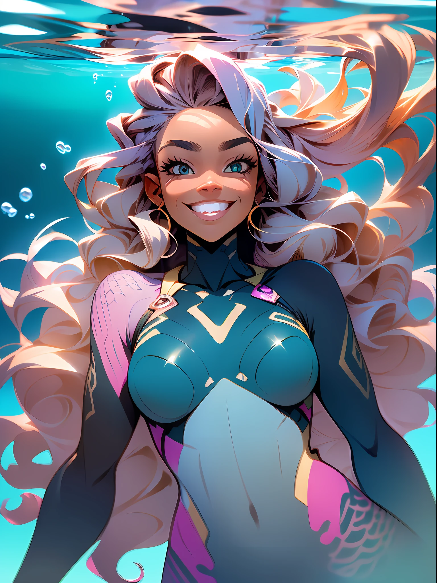 half-body portrait of happy American African mermaid long wavy blonde hair, blurred background, underwater shot, ultra wide angle lens, sunlight ,Tomer Tanuka style