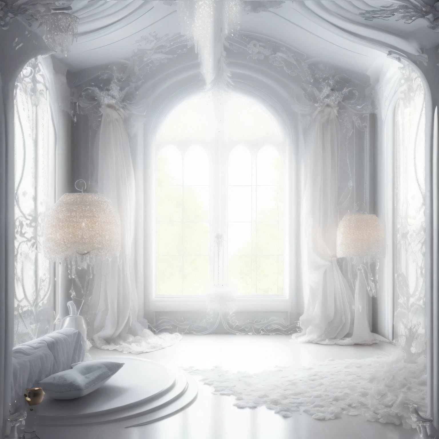 there is a room with a white bed and a window, volumetric lighting. fantasy, beautiful render of a fairytale, white room, a crystalline room, stuning fantasy 3 d render, dramatic dreamlike lighting, inside white room, breathtaking render, dreamy atmosphere and drama, all white render, art nouveau octane render, atmospheric beautiful details, beautiful render
