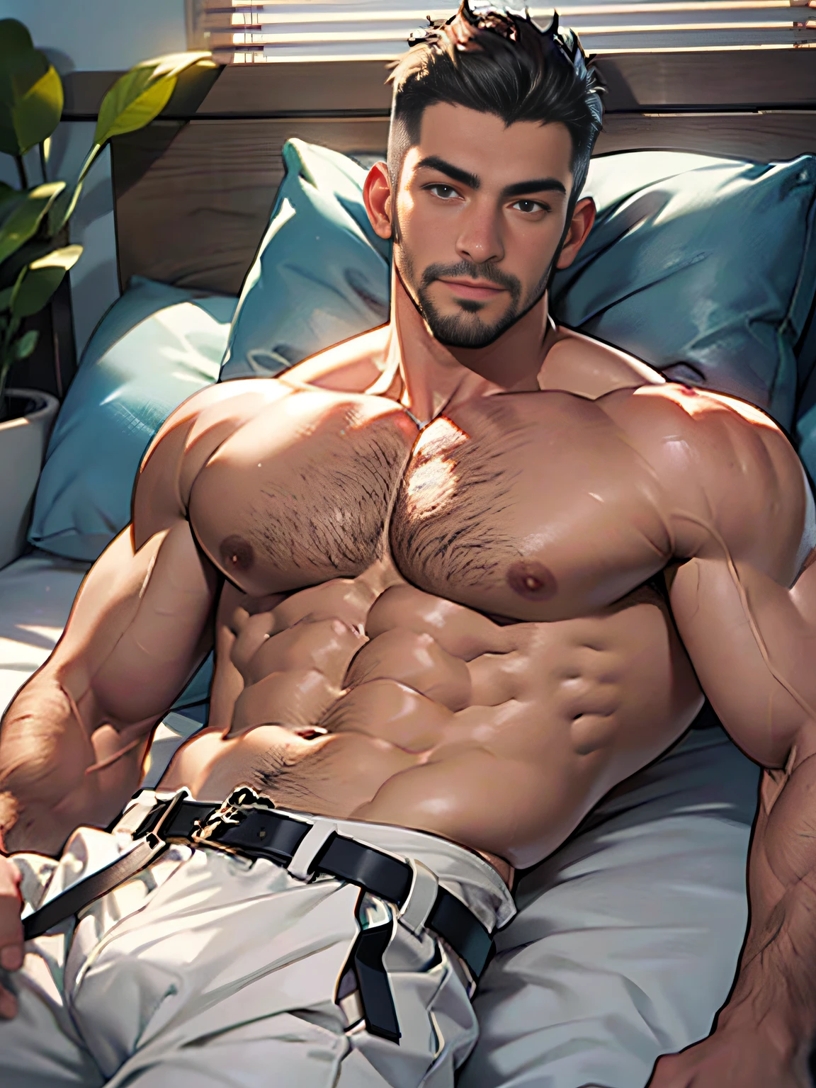 best quality, masterpiece, super high resolution, illustration, single, 1 man, muscle, depth of field, facial hair, white clothes, black belt, bulge, bed, short hair, burly, lying down