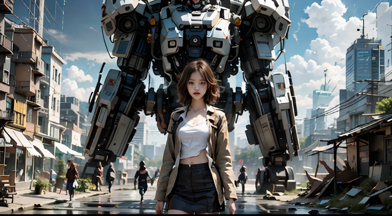Fine, masterpiece, complex huge transformer, a girl standing in front of a robot, short silver hair, messy hair, beautiful, pretty, mature, tattoo, school uniform, black trench coat, small breasts, green long skirt, front shot, apocalyptic landscape, realism, rainy day, 4K, static, movie 1:1
