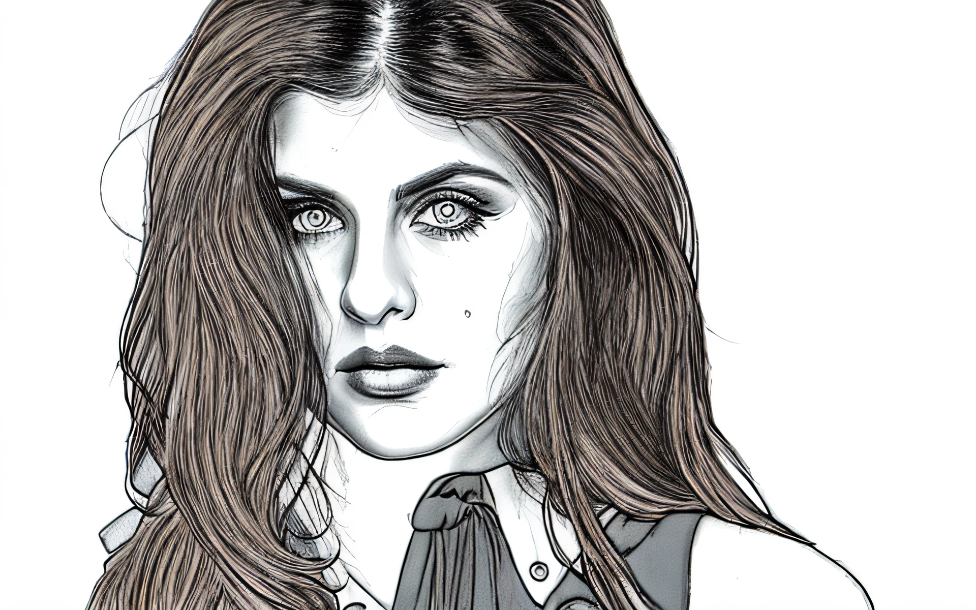 Arafed woman with long brown hair and blue eyes posing for a photo, face of Alexandra Dadddario!, portrait of Alexandra Daddario Scribble
