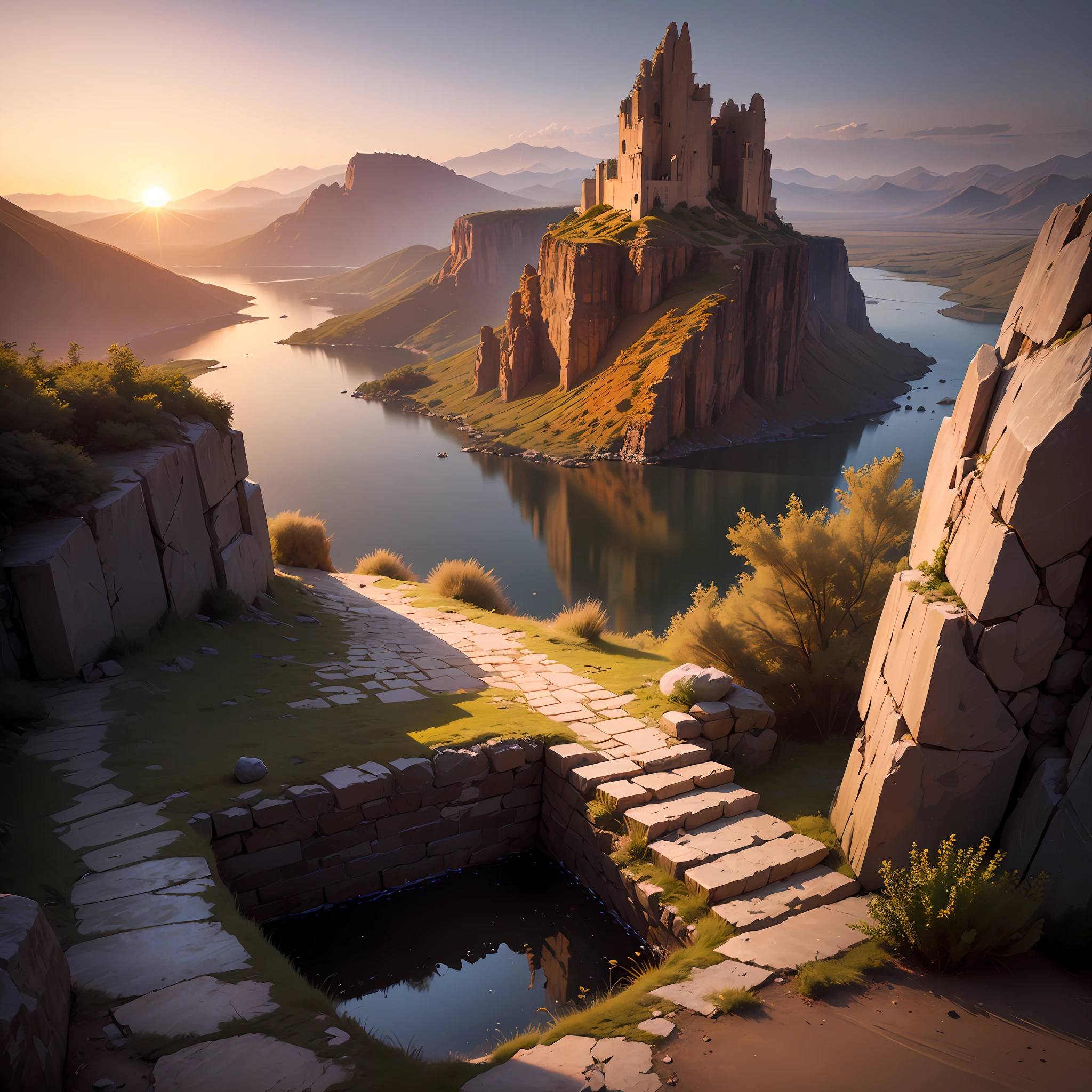 Computer visualized graphics, realistic fantasy, Extensive landscape ultra photography (general view showing stone steps in the basement leading down to a small stone platform, broken wooden railings, a small stone bowl at the bottom), blurred background, gloomy, yellow, orange, purple background, gray, cold, magical, "Majestic mountains," "Lush forests," "Glittering lakes," "Desert dunes," "Golden sunsets." --auto