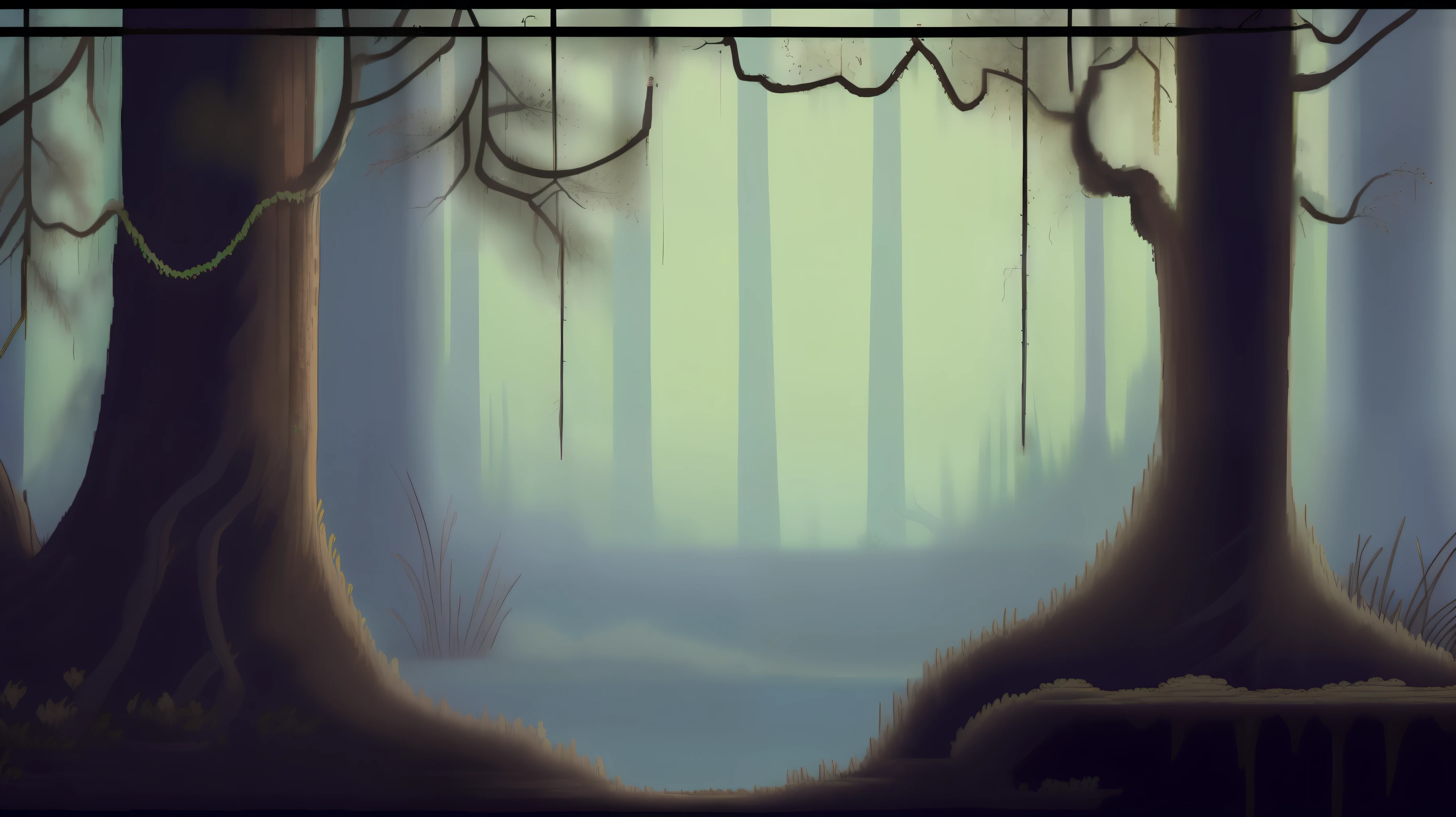 Image style: Pixel art, ultra detailed, game setting. Bewitched Forest: a bewitched forest, where twisted trees and dancing shadows create a sinister atmosphere. Sunlight can barely penetrate the dense treetops, leaving the environment even darker. The ground is covered with pale moss and bioluminescent mushrooms, which emit a faint and faded light, dark scenery, without much light, abandoned.