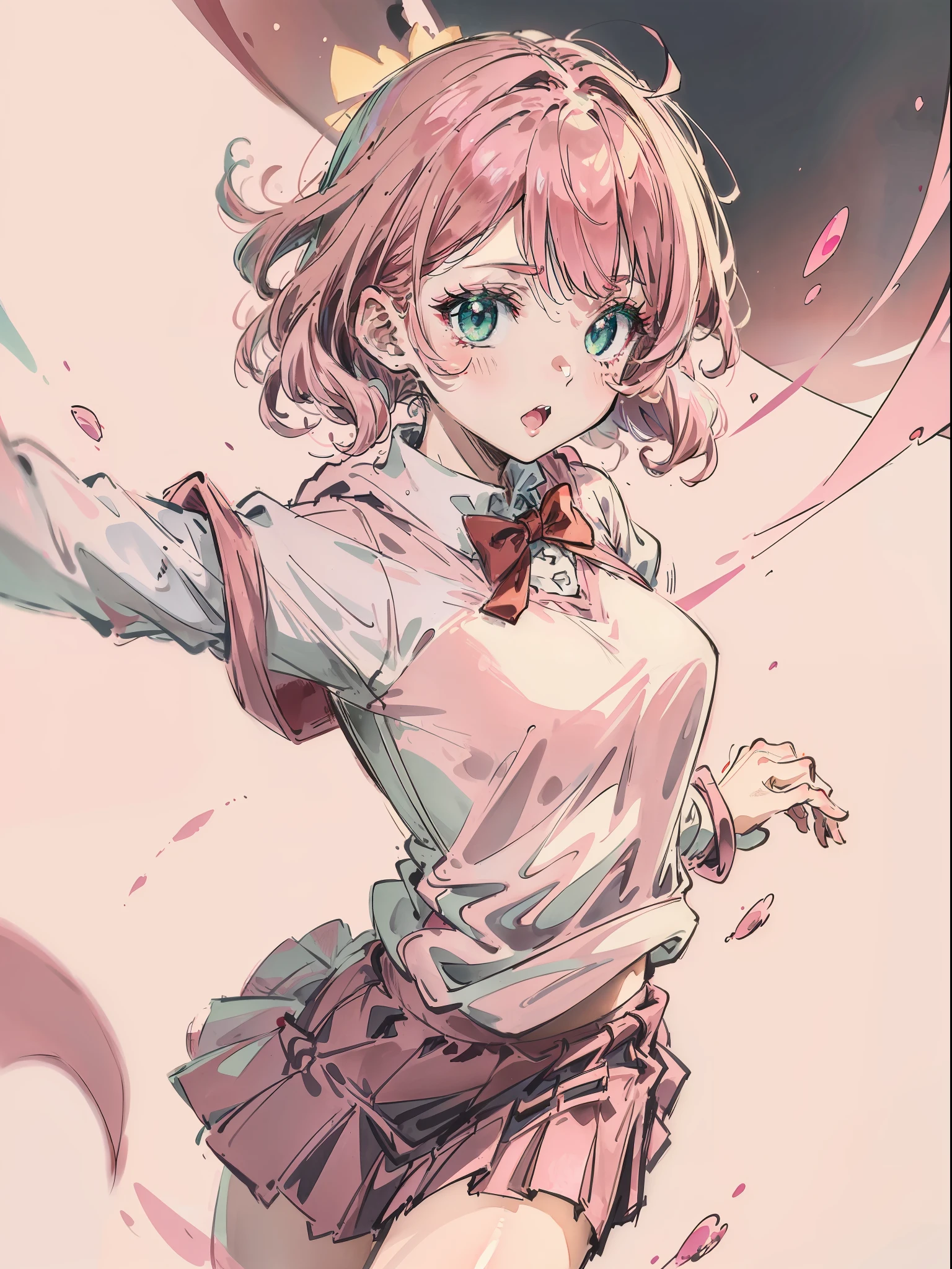 Two-dimensional pink head girl, green eyes shining, pink hoodie bright and moving, medium length slightly curly hair covering the right eye, white shirt, red bow tie with fluffy pink strap pleated skirt, rem hairstyle.