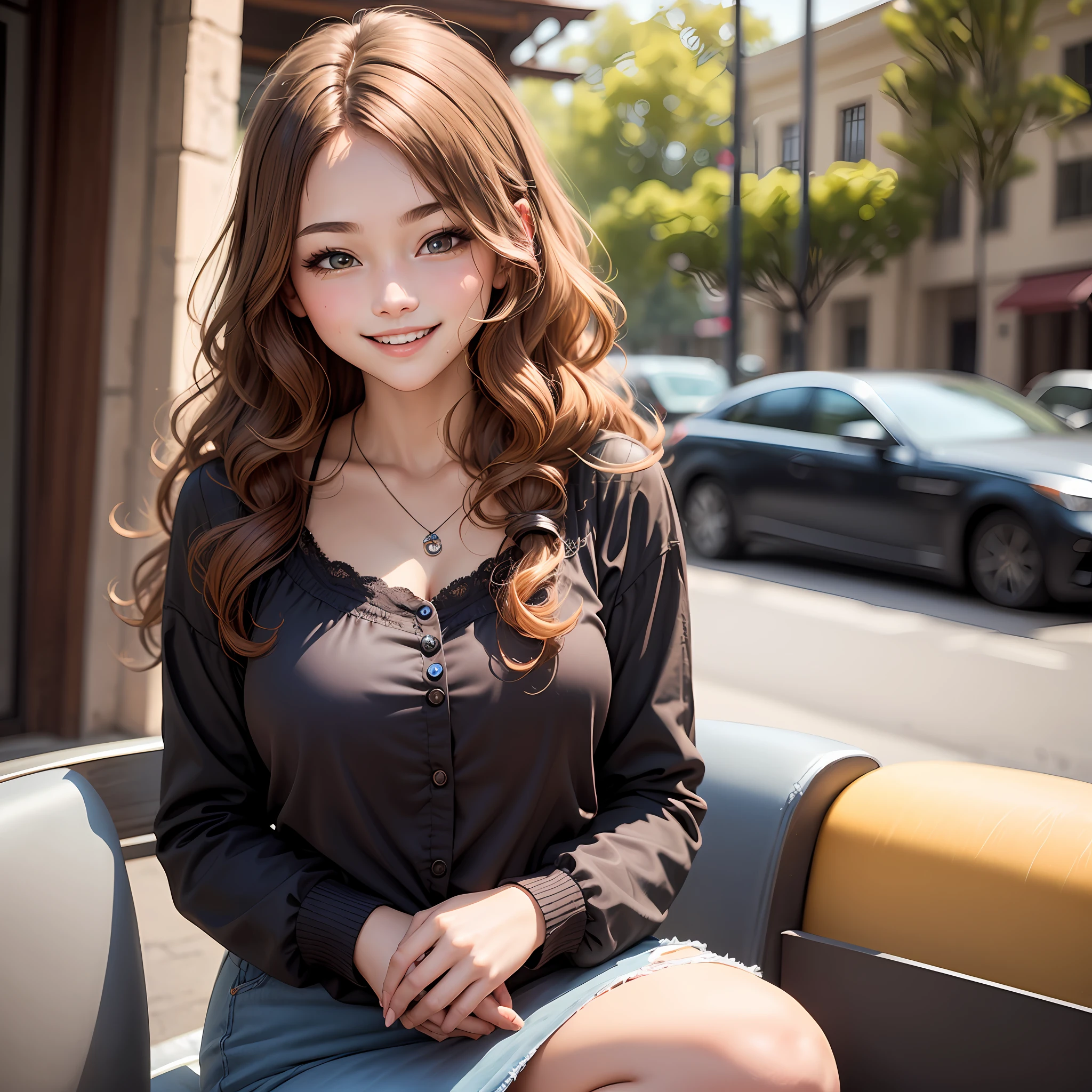 Girl with wavy honey color eyes hair and brown color hair girl a little fat and smiling and without showing her teeth wearing cold blouse --auto