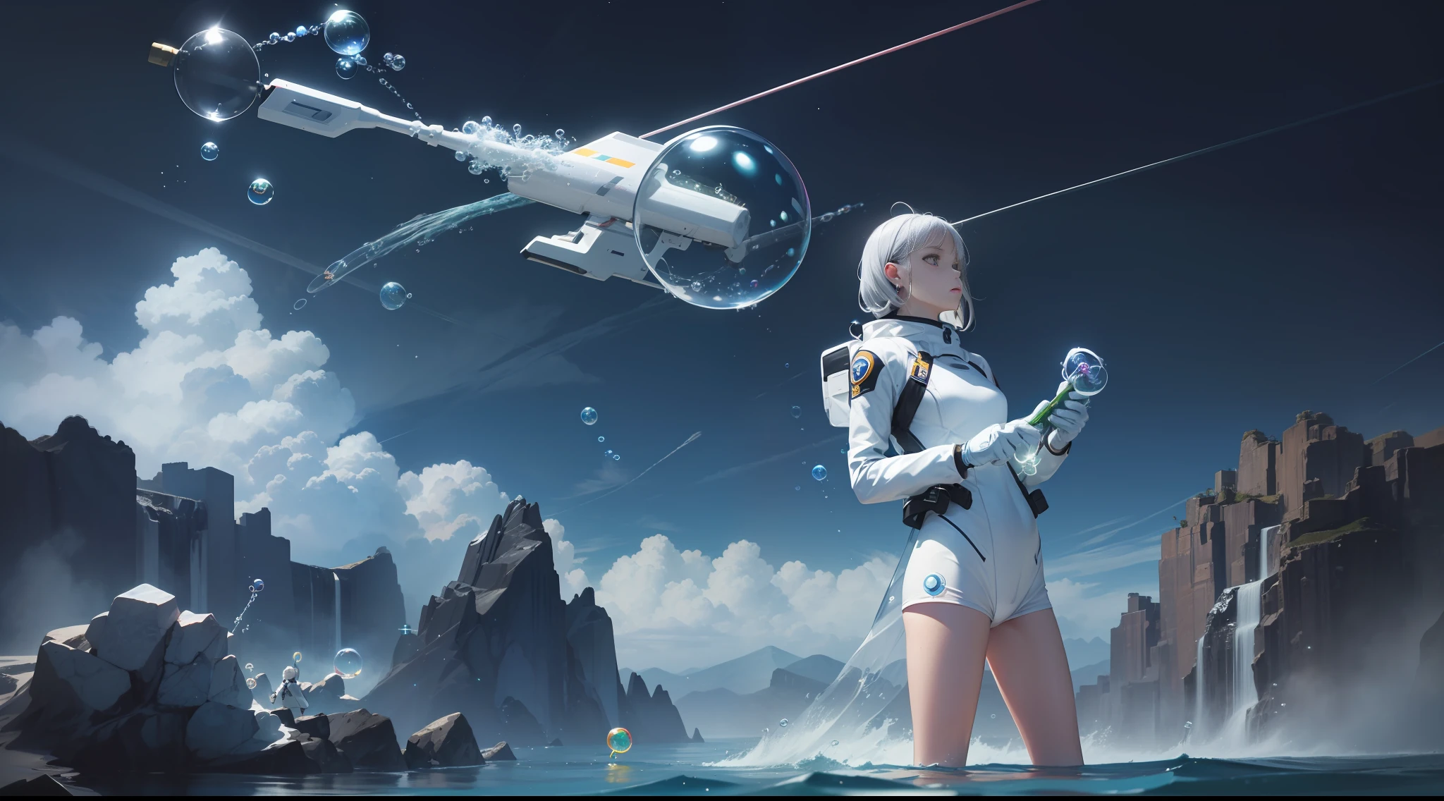 hd masterpiece, one standing woman, detailed face, mid shot, silver astronaut suit, ((clouds)) and (((neon soap bubbles))), sea background