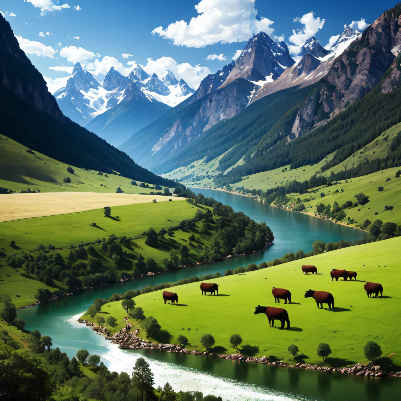 Absurd resolution, high resolution, (masterpiece: 1.4), hyper-detail, savannah, herds of cattle and sheep, mountains, rivers --auto