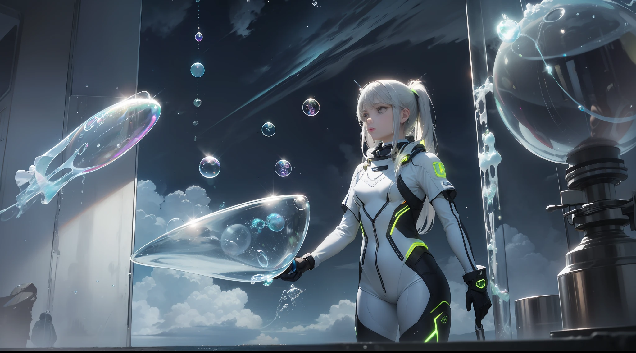 hd masterpiece, one standing woman, detailed face, mid shot, silver astronaut suit, ((clouds)) and (((neon soap bubbles))), sea background