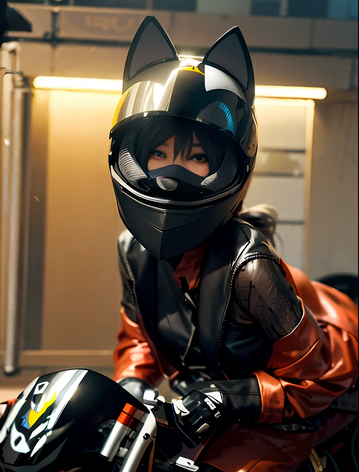 There is a woman wearing a cat mask on a motorcycle, female riding, riding a motorcycle, wearing a helmet, sitting on a cyberpunk motorcycle, photo of woman in tech costume, motorcyclist, riding a motorcycle on the street, sitting on a motorcycle, cyclist
