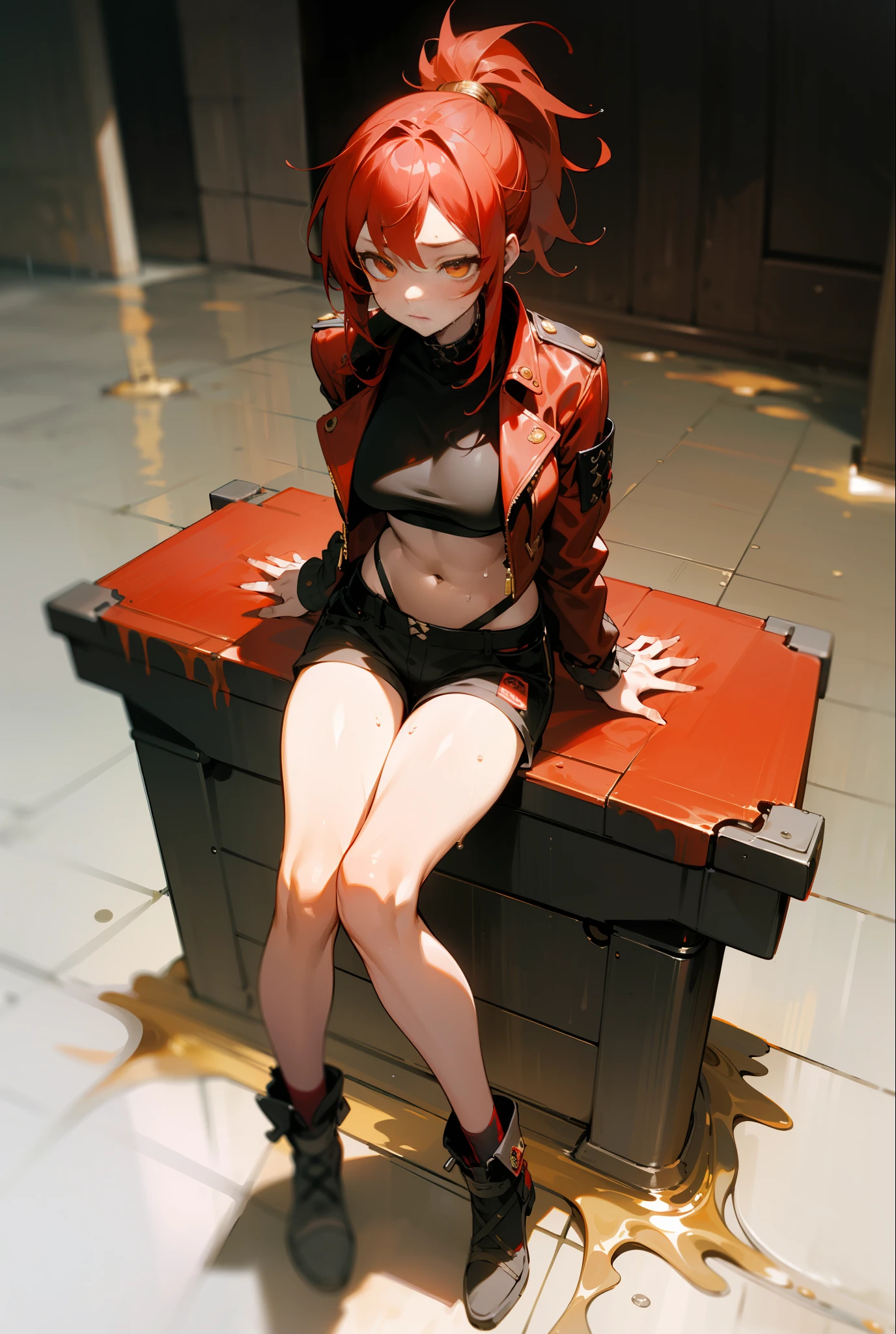 (best quality), {masterpiece}, {very detailed}, {super detailed}, {high resolution}, {absurd}, 1 girl, solo, anime, bust shooting, (black and red punk jacket clothes, black shorts, golden eyes), (red high ponytail, red hair), street, (fine beautiful face and eyes), expressionless, depressed, (bare belly), cowboy shot, ((full body)), big breasts, eerie atmosphere, sitting, wet, raindrops, close-up of characters (detailed golden eye portrayal), overlook, Wide angle, figure loaded into the culture tank, water, closed eyes