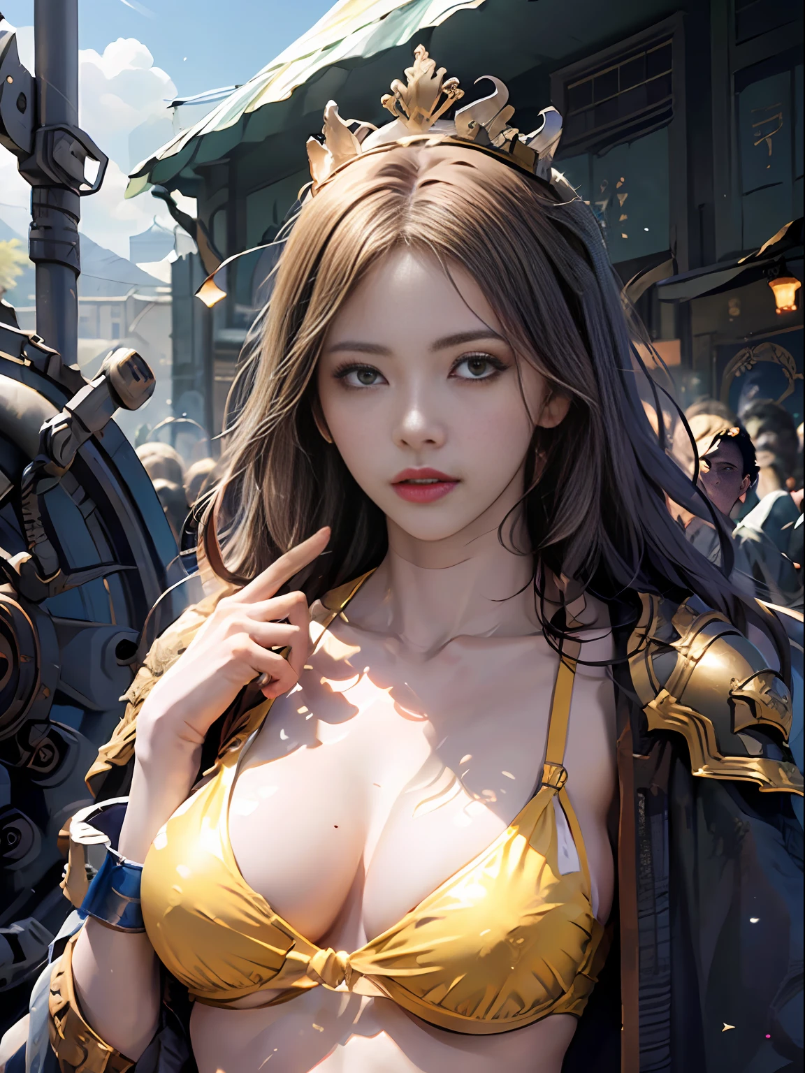 Official Art, Unity 8k wallpaper, ultra detail, masterpiece, best quality, one woman, (very detailed),(RAW photo, best quality),(realistic, photorealistic:1.3),high definition, opening your mouth lightly, ultra-detailed complex 3D rendering of face, (big breasts: 8.8), (highly detailed skin: 1.2), (exposure: 1.1), beautiful caucasian woman with big ass full soft breasts and white skinThe (topless), chest, white hair, yellow eyes, long hair, ( ( ( transparent silk blue micro bikini)), dynamic angle, mystical expression, fire glow effect, fantasy background, rim lighting, side light, cinematic light, ultra high definition, 8k , film grain,best shadow, light particles, detailed skin texture, detailed face, golden eyebrows, ultra detail, watch viewer, gold armor, cleavage, slender abs, holding a shining weapon, holding a beautiful shield, pole dron, (detailed and beautiful huge crown)), glowing eyes, long purple cloak, fantasy, (realistic),