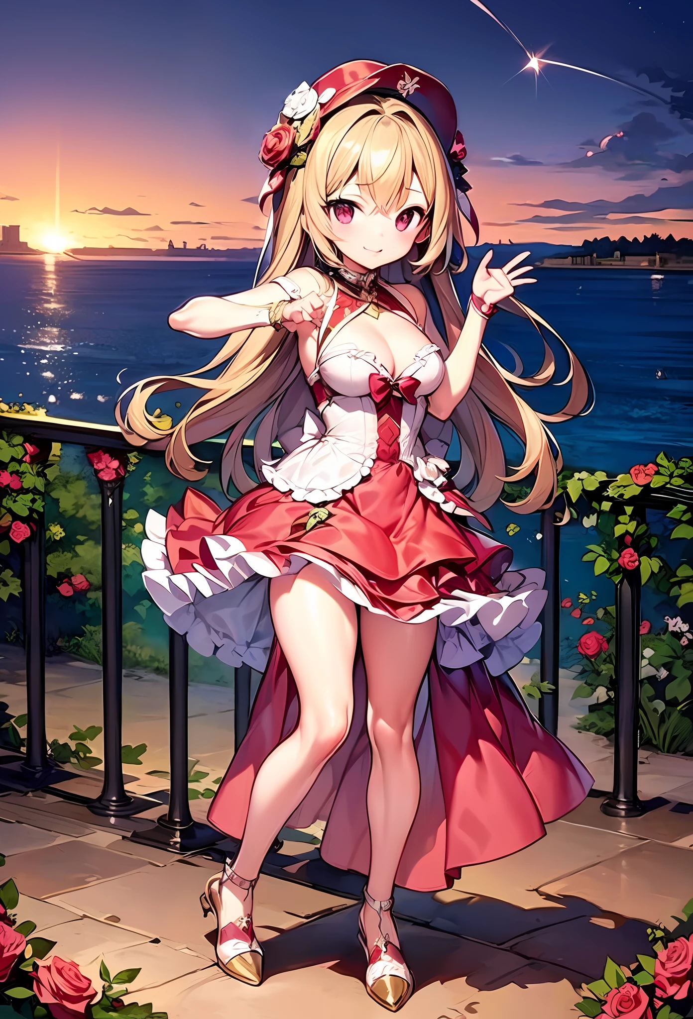 ((masterpiece)), (best quality), (ultra-detailed), intricate,
sfw,
outdoor, idol, evening, sunset, sea, ocean amusement park, theme park, roses, flowers, castle, sparkles, glow comet,
full body, solo focus,
tachibana arisu, long hair,   
cool pose, evil smile, colorful pink  dress,