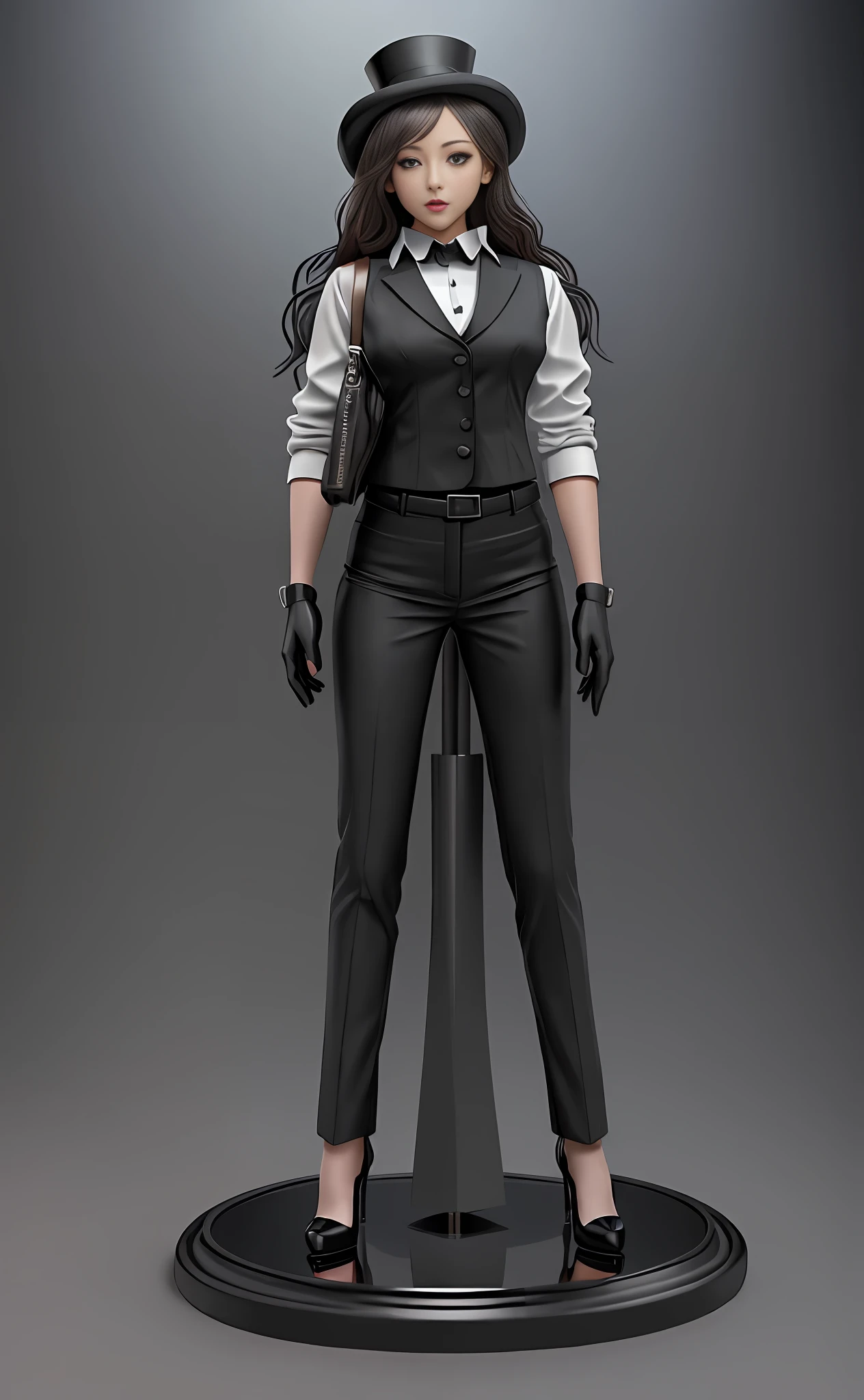 There is a woman in a black suit and a black top hat with a gun, busty breasts, detailed images, mechanical punk costume, suit vest and top hat and gloves, full body 1/6 Nihei Tsutomu, very detailed and rich costumes, costumes, detailed pictures, detective costumes, women's costumes, detail textures, very detailed and high quality, (highly detailed figures)