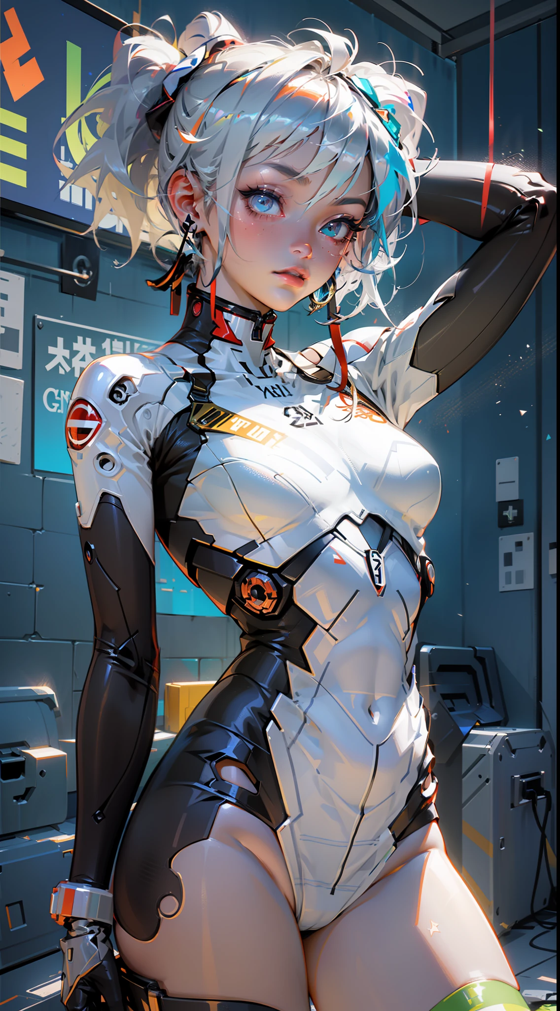 ((Best quality)), ((masterpiece)), (detailed: 1.4), (Absurd), light-skinned lolita with micro bikini, Genesis evangelion neon style clothing, red and white stripes, blue arms with white stars, 2 piece clothing, colored hair, tattoo on arms, cybernetic hand, pastel, centered, scale to fit dimensions, HDR (High Dynamic Range),Ray Tracing,NVIDIA RTX,Super-Resolution,Unreal 5,Subsurface dispersion, PBR Texture, Post-processing, Anisotropic filtering, Depth of field, Maximum clarity and sharpness, Multilayer textures, Albedo and specular maps, Surface shading, Accurate simulation of light-material interaction, Perfect proportions, Octane Render, Two-tone lighting, Wide aperture, Low ISO, White balance, Rule of thirds, 8K RAW, crysisnanosuit