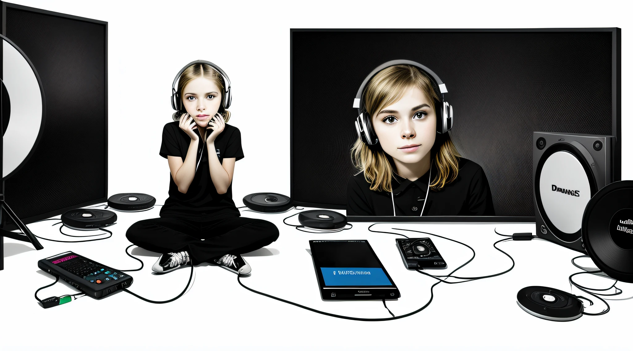 BLONDE CHILD, PORTRAIT, INFINITE WHITE BACKGROUND, ON DISCMAN FLOOR, MP3, WALKMAN.