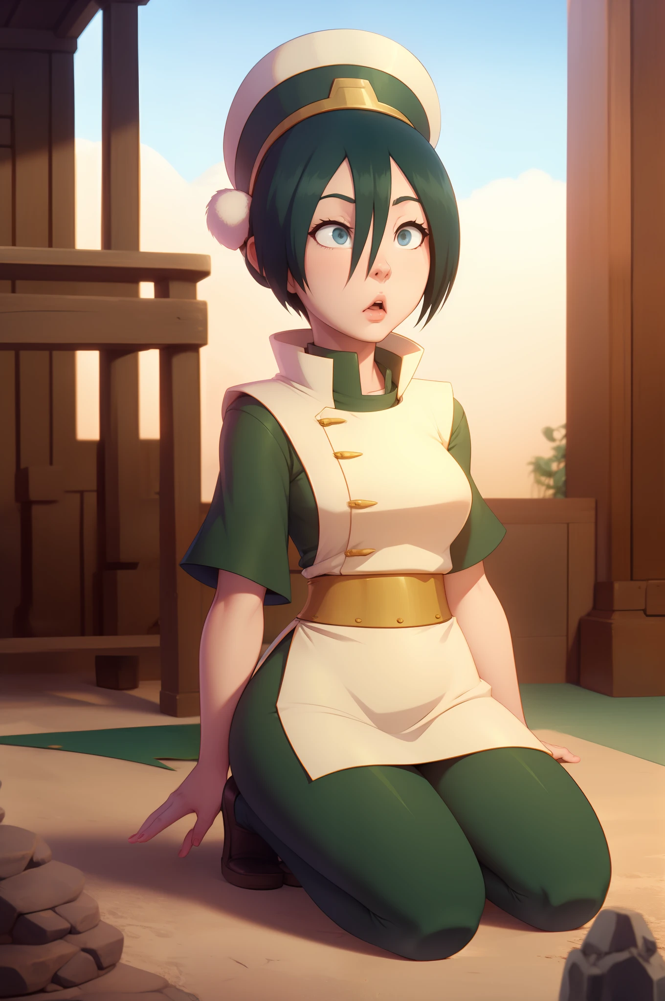 Toph, Eart kingdom tight outfit, aheago, on her knees,