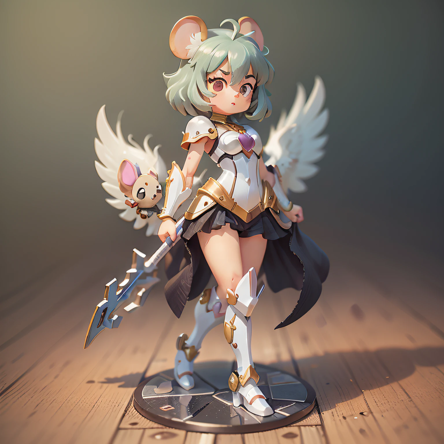 chibi, mouse, cute, saint seiya anime, seiya pegasus knight, action pose, girl, black short hair, white armor, bigbadejo, full body, masterpiece, 3D Rendering, Best Quality, Lots of Detail, (plain background), vinyl toy figurine