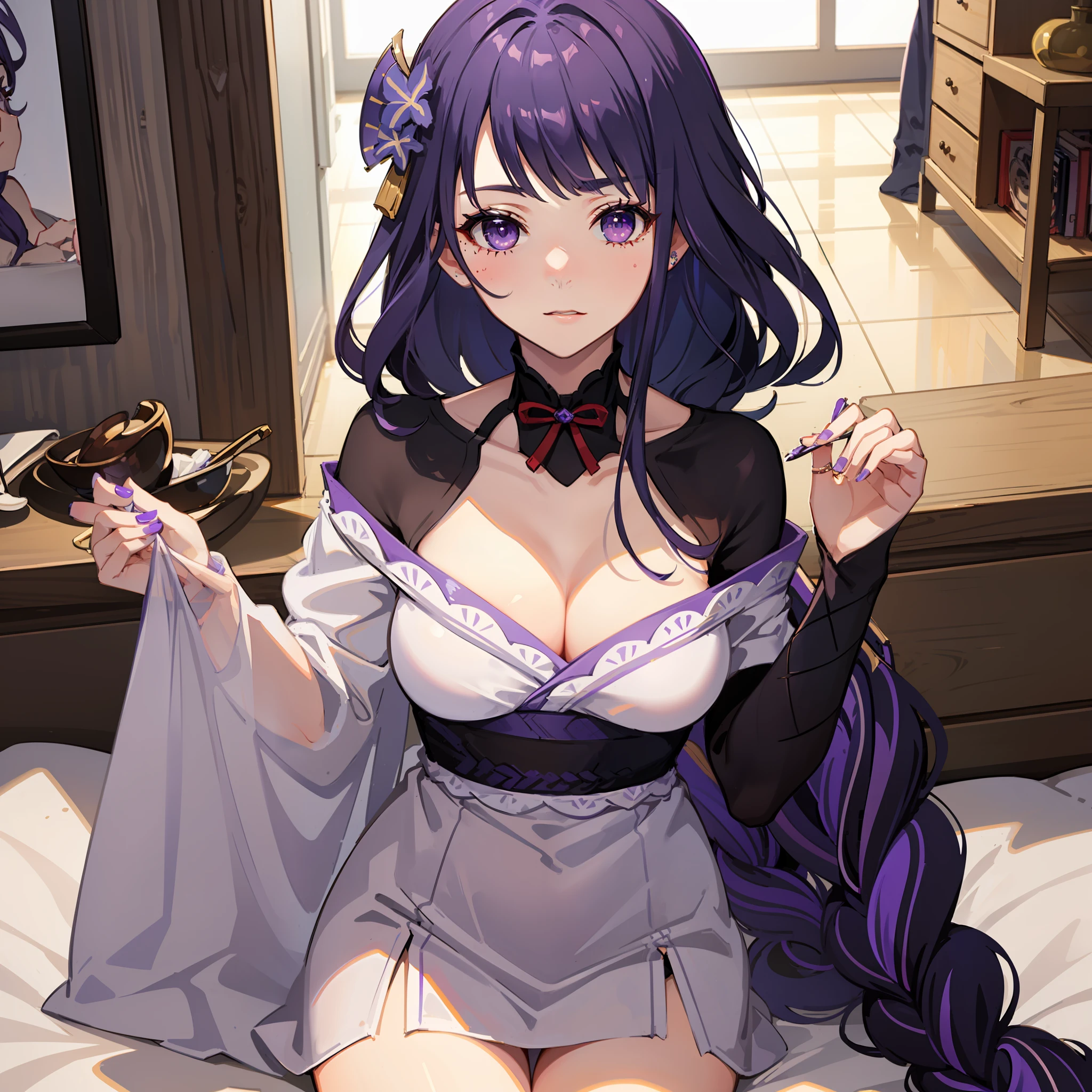 (Masterpiece, Best Quality), Female, Raiden Ei, Purple Hair, Purple Eyes, Kind, Considerate, Shy, Funny, Love myself, Faithful, Wearing a purplish white dress
