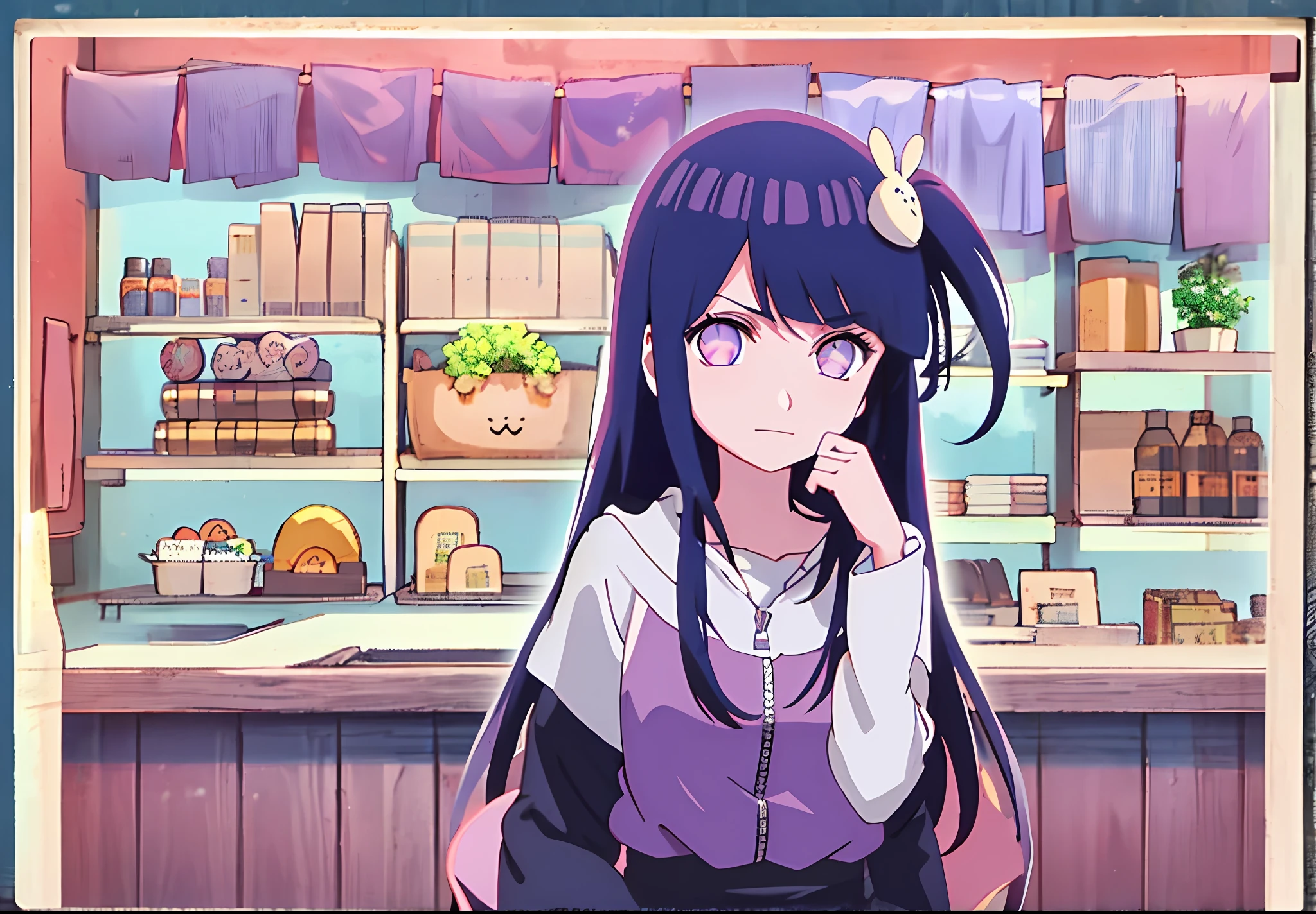 1girl, Hoshino Ai, long hair, dark blue hair ,purple eyes, hair ornament, blunt bangs, hinata hyuga as hoshino ai