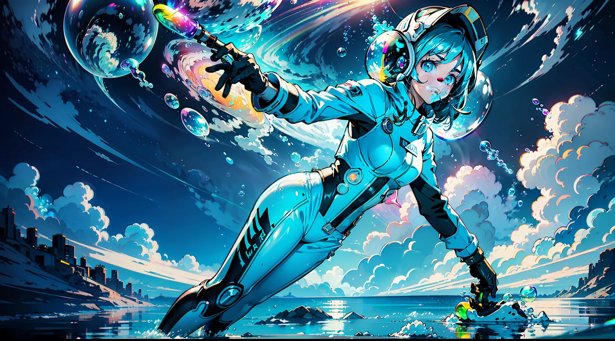 hd masterpiece, one standing woman, detailed face, mid shot, silver astronaut suit, ((colorful clouds)) and (((neon soap bubbles))), sea background