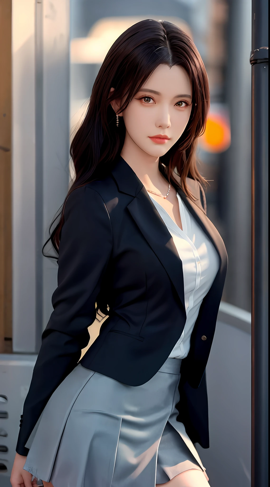 best quality, masterpiece, 1girl, beautiful face, (realistic photo: 1.3), rim lighting, (highly detailed skin: 1.2), 8k uhd, dslr, high quality, high resolution, 4k, 8k, Bokeh, absurd, best aspect ratio, (realistic: 1.3), cute 1girl, wearing black formal blazer, medium breasts, short skirt,