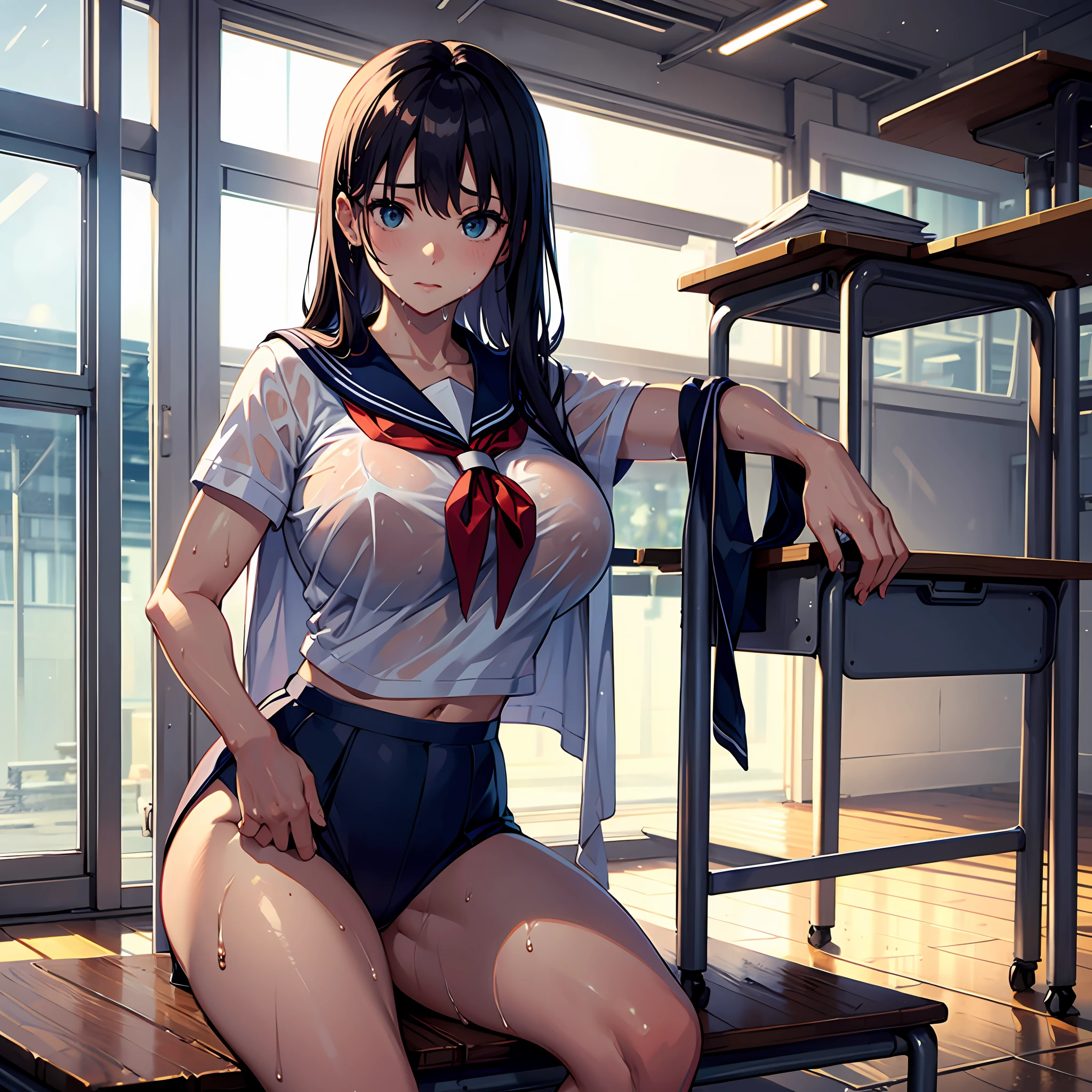 Big breasts, sailor suit, muscular, girly, wet, shy, tall, classroom, sitting --auto