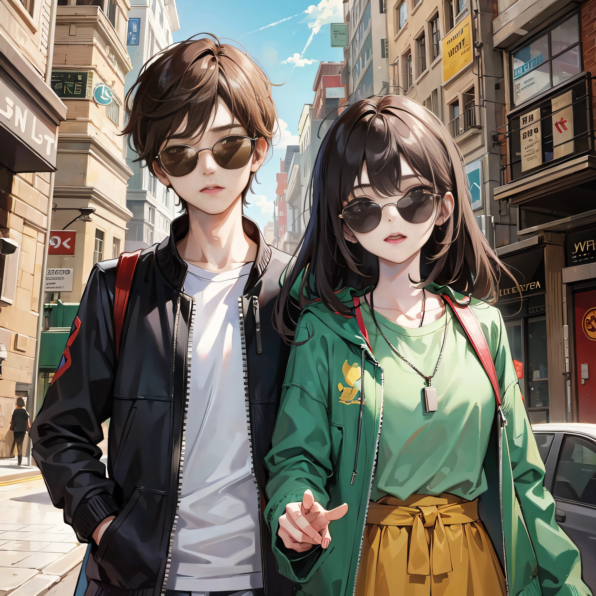 (two people)), (a young boy, short black hair, handsome, black eyes, big eyes, black pattern short sleeves, jeans,), (a middle-aged young woman, full, black hair, white dress, beautiful,), (two people holding hands, standing on the street)) bright sunshine, blue sky, 3D two-dimensional, 8K, clear, master's work, ((((full picture repair, HD quality, face without damage)))))), clear facial features